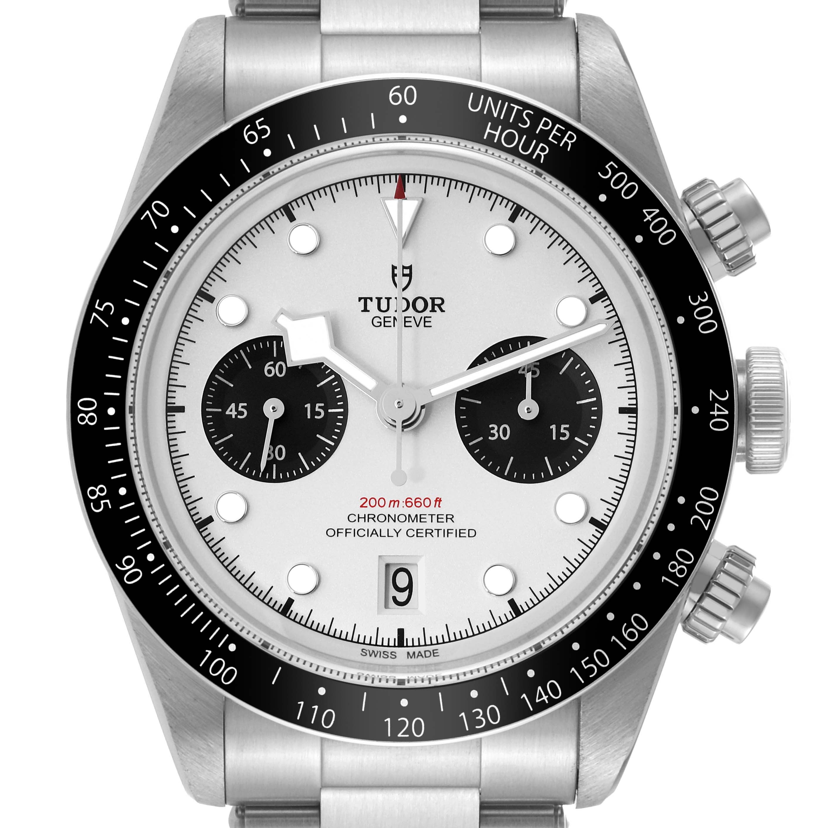 This Tudor Heritage Black Bay M79360N-0002 Men's Stainless Steel White Dial M79360N-0002 Men's Stainless Steel White Dial watch is shown front-facing, highlighting the dial, bezel, case, and crown.