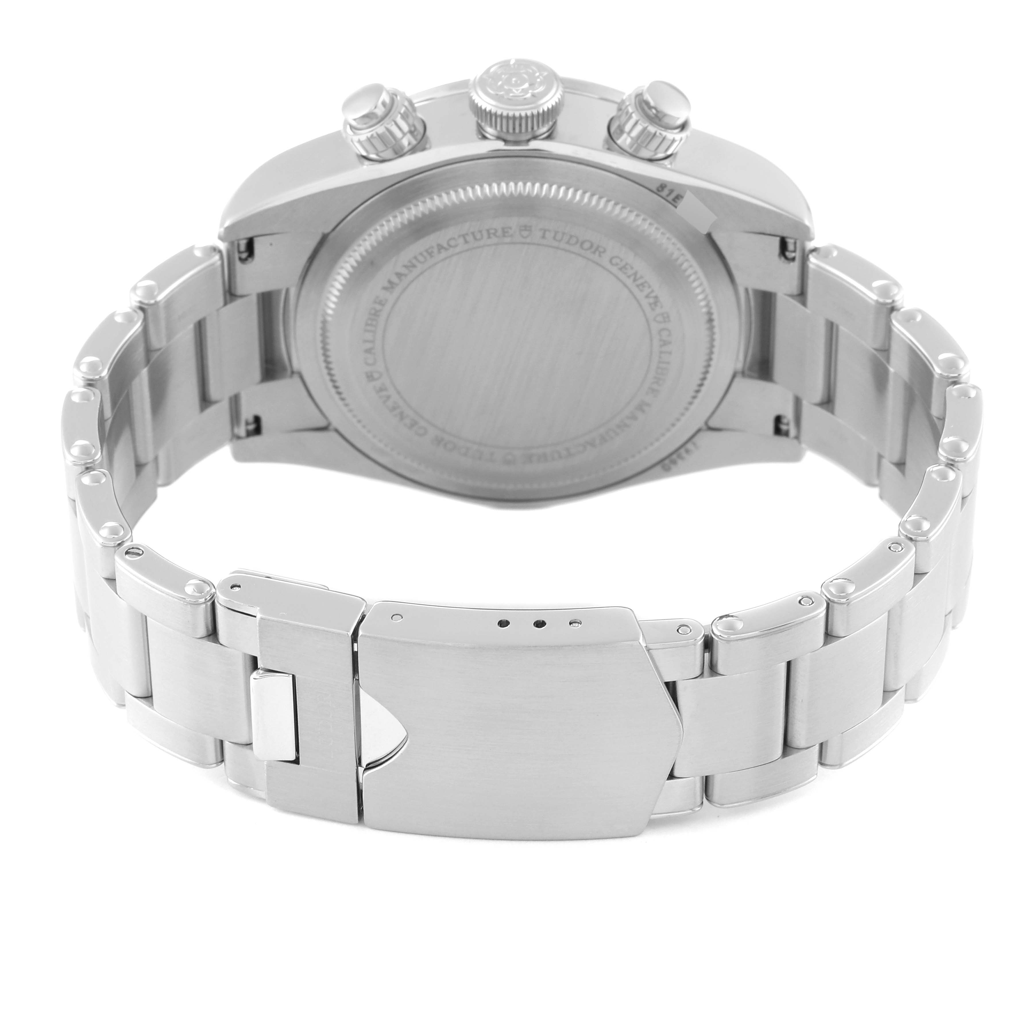 The image shows the back case and stainless steel bracelet of a Tudor Heritage Black Bay M79360N-0002 Men's Stainless Steel White Dial M79360N-0002 Men's Stainless Steel White Dial watch.