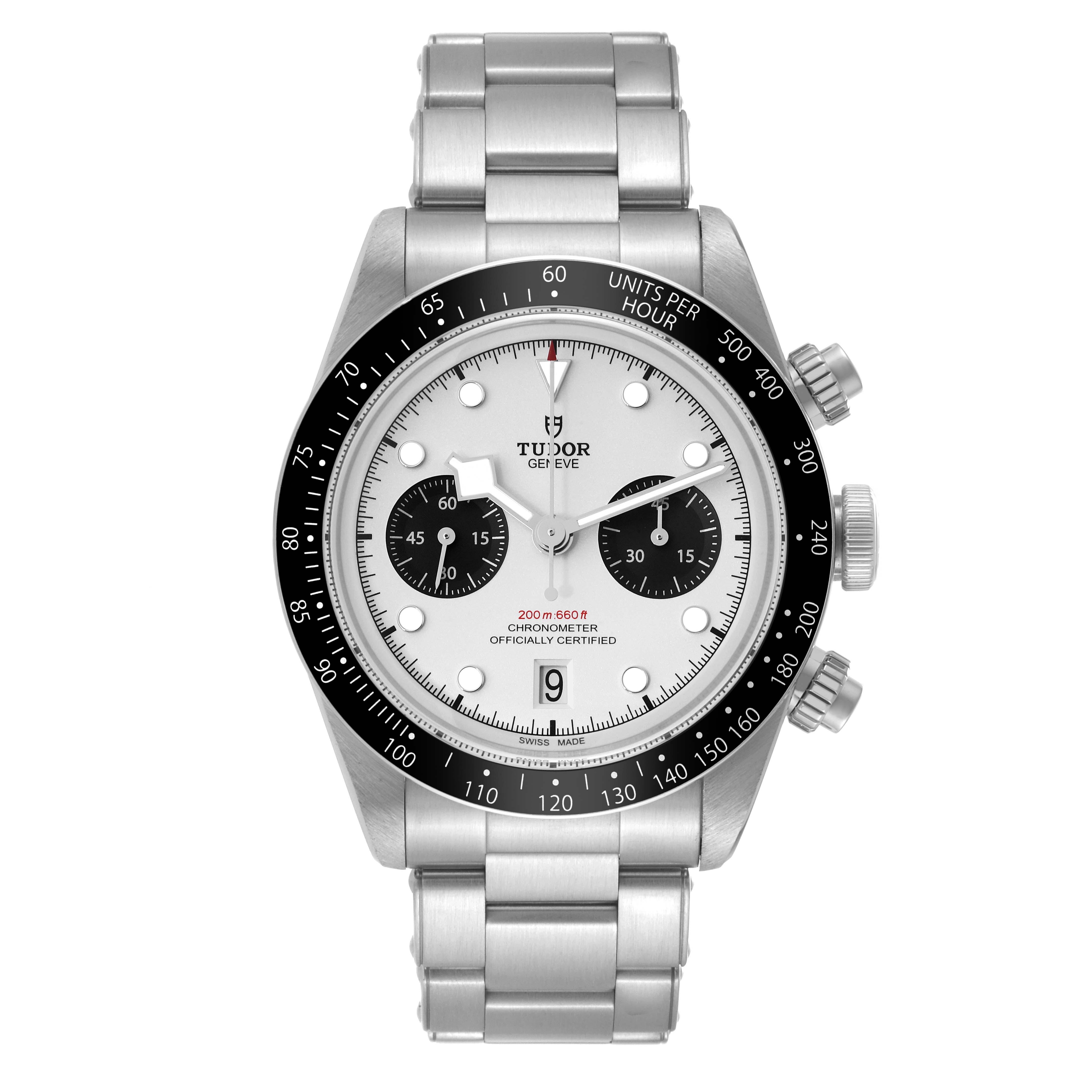 The image shows a front view of the Tudor Heritage Black Bay M79360N-0002 Men's Stainless Steel White Dial M79360N-0002 Men's Stainless Steel White Dial watch, displaying the dial, bezel, and bracelet.