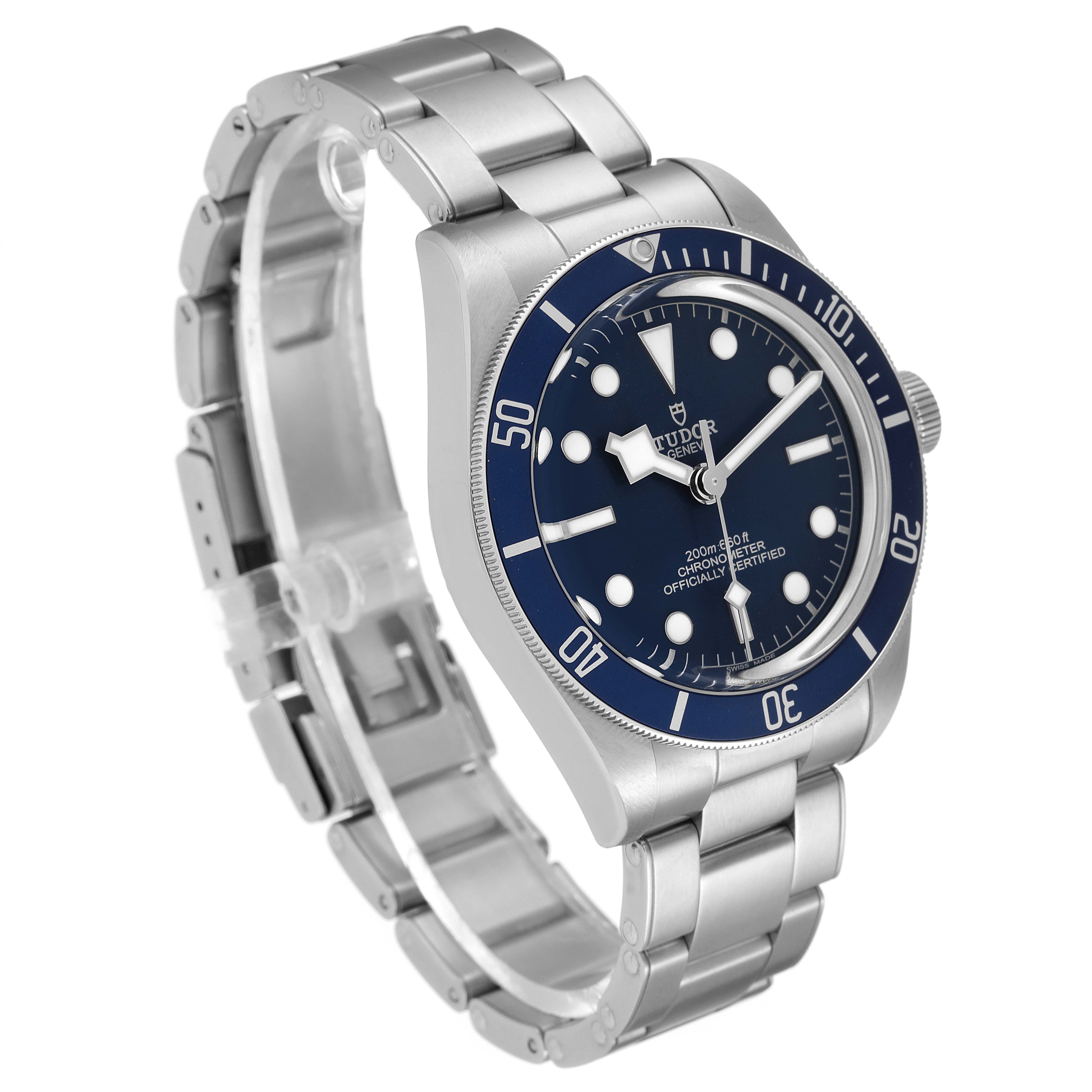 This Tudor Heritage Black Bay 79030B Men's Stainless Steel Blue Dial 79030B Men's Stainless Steel Blue Dial watch is shown from a front-side angle, displaying the face, bezel, and metal bracelet.
