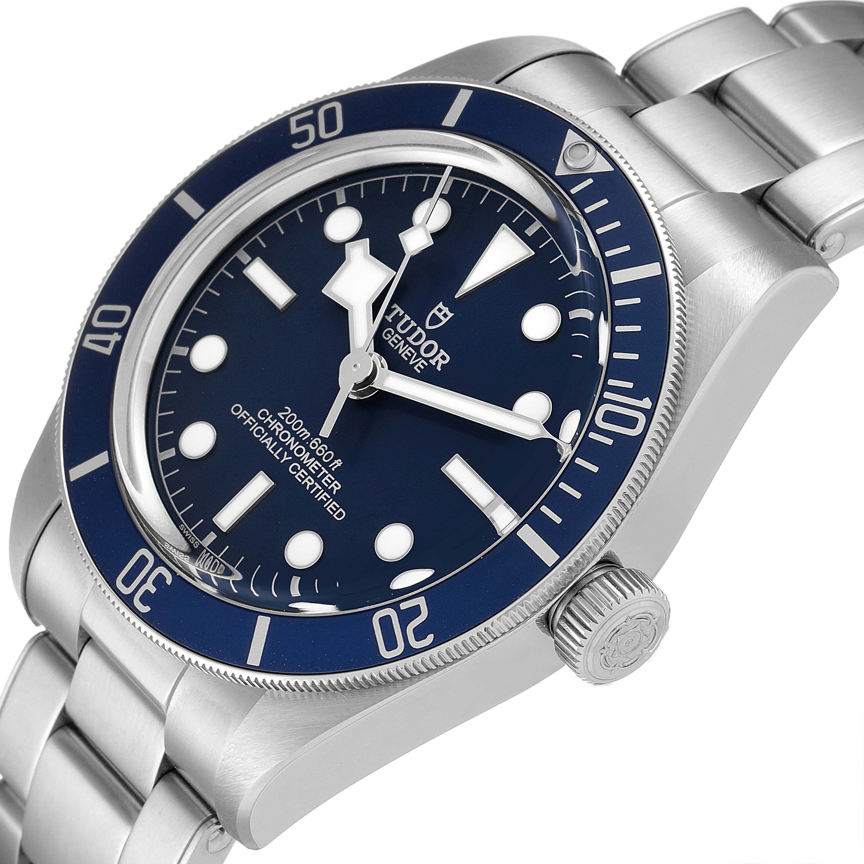 The image shows a Tudor Heritage Black Bay 79030B Men's Stainless Steel Blue Dial 79030B Men's Stainless Steel Blue Dial watch from a slightly tilted angle, highlighting the face, bezel, and part of the bracelet.
