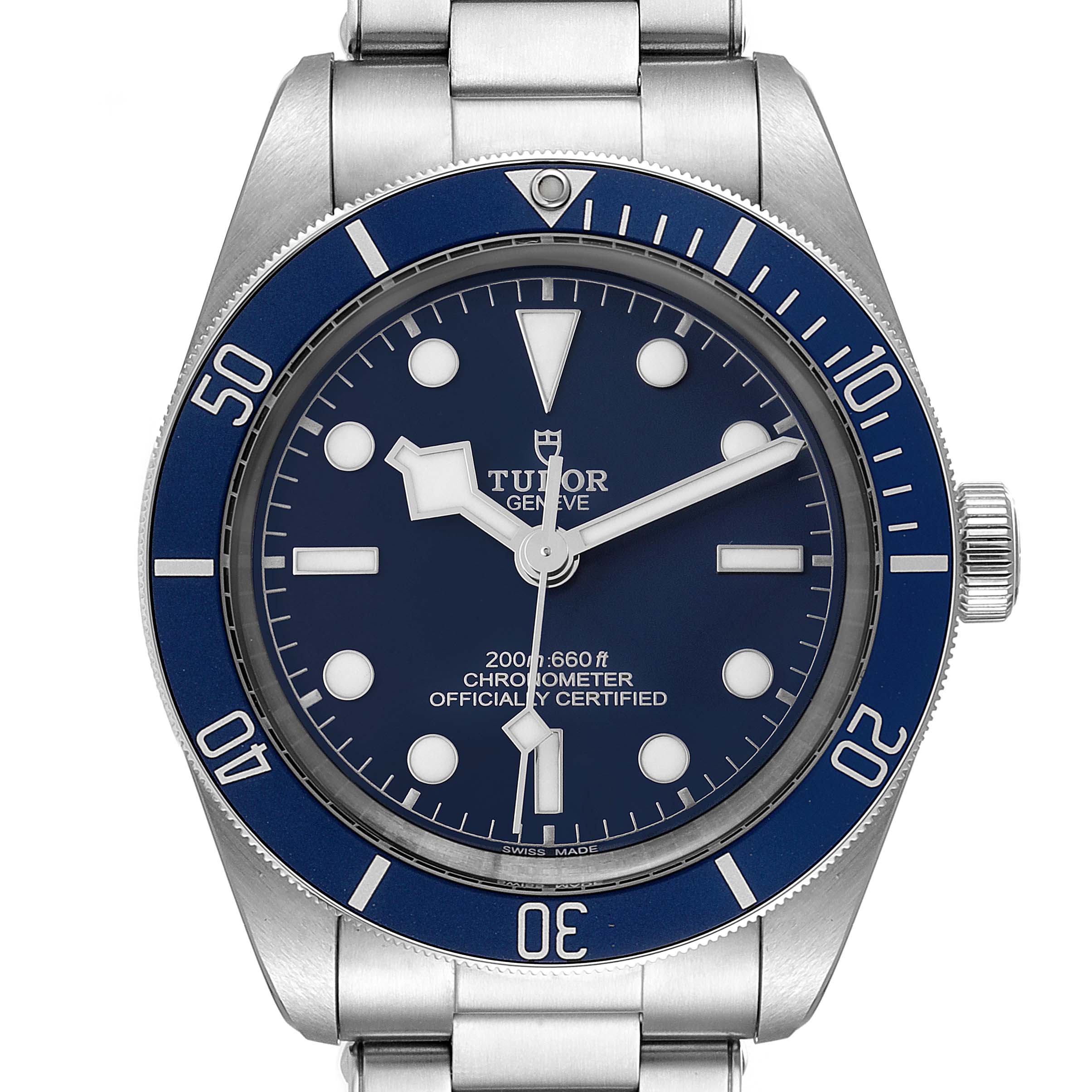 This is a front view of the Tudor Heritage Black Bay 79030B Men's Stainless Steel Blue Dial 79030B Men's Stainless Steel Blue Dial watch, showing the dial, bezel, crown, and part of the bracelet.