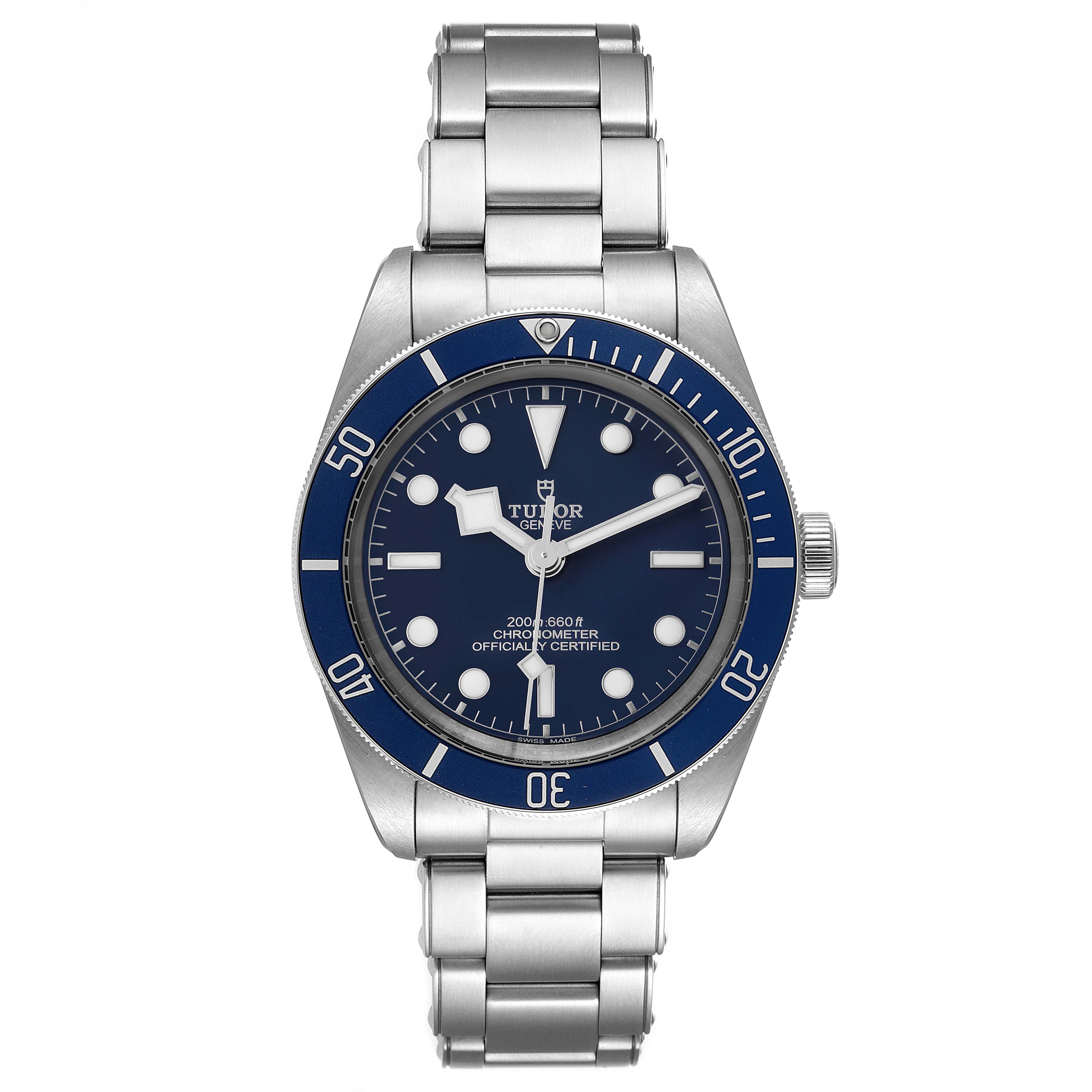 This image shows a front view of the Tudor Heritage Black Bay 79030B Men's Stainless Steel Blue Dial 79030B Men's Stainless Steel Blue Dial watch, showcasing its dial, bezel, and metal bracelet.