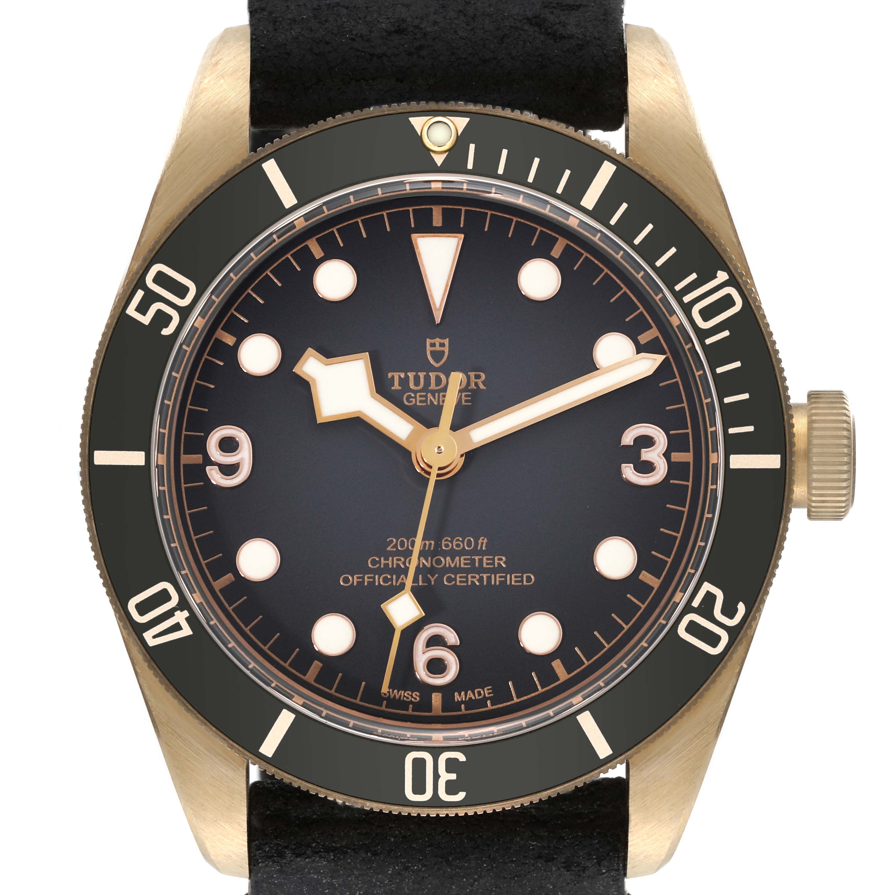 The image shows a front view of the Tudor Heritage Black Bay 79250BA Men's Bronze Black Dial 79250BA Men's Bronze Black Dial watch, highlighting the face, bezel, and crown.