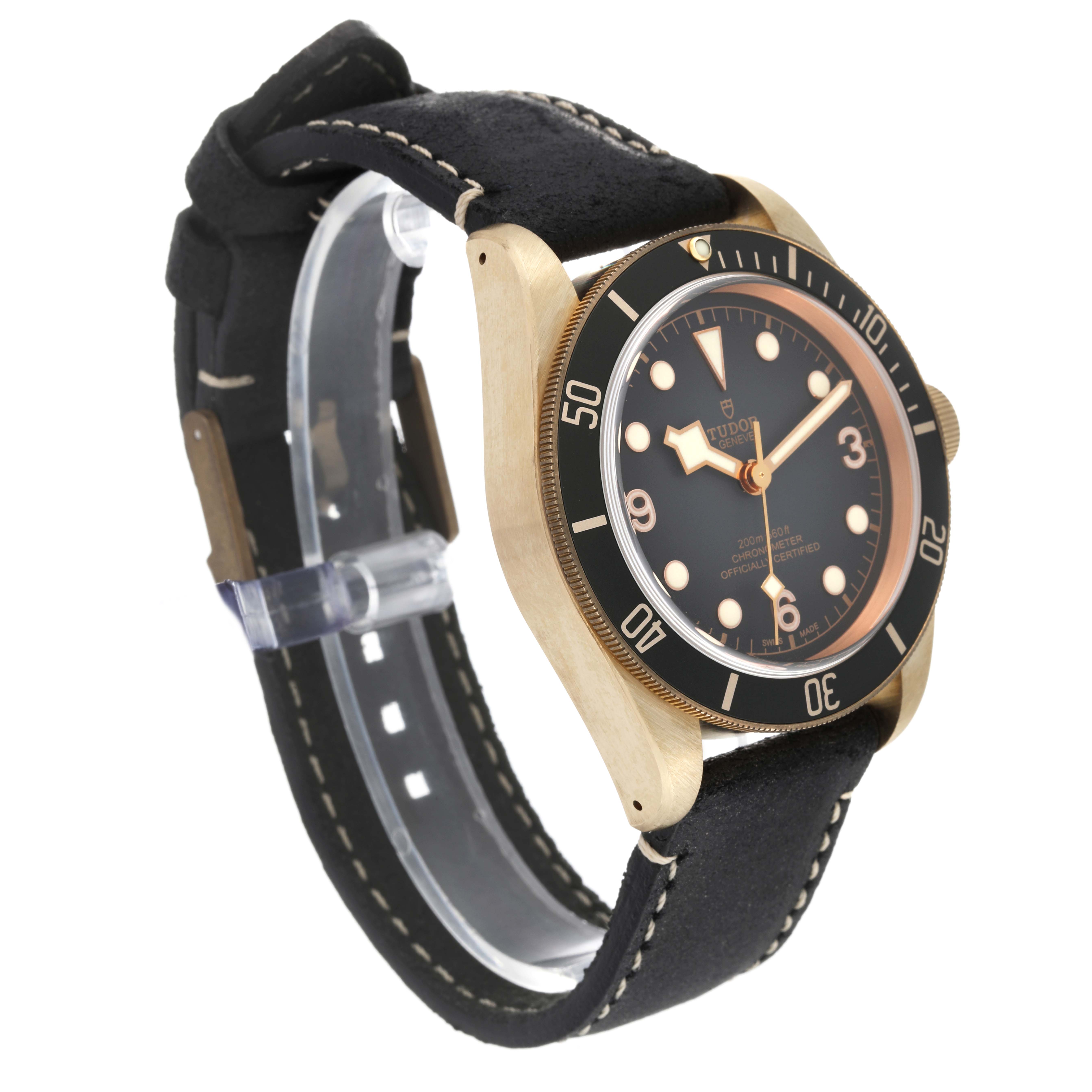 The image shows a side and front angle of the Tudor Heritage Black Bay 79250BA Men's Bronze Black Dial 79250BA Men's Bronze Black Dial watch with its bezel, dial, and strap visible.