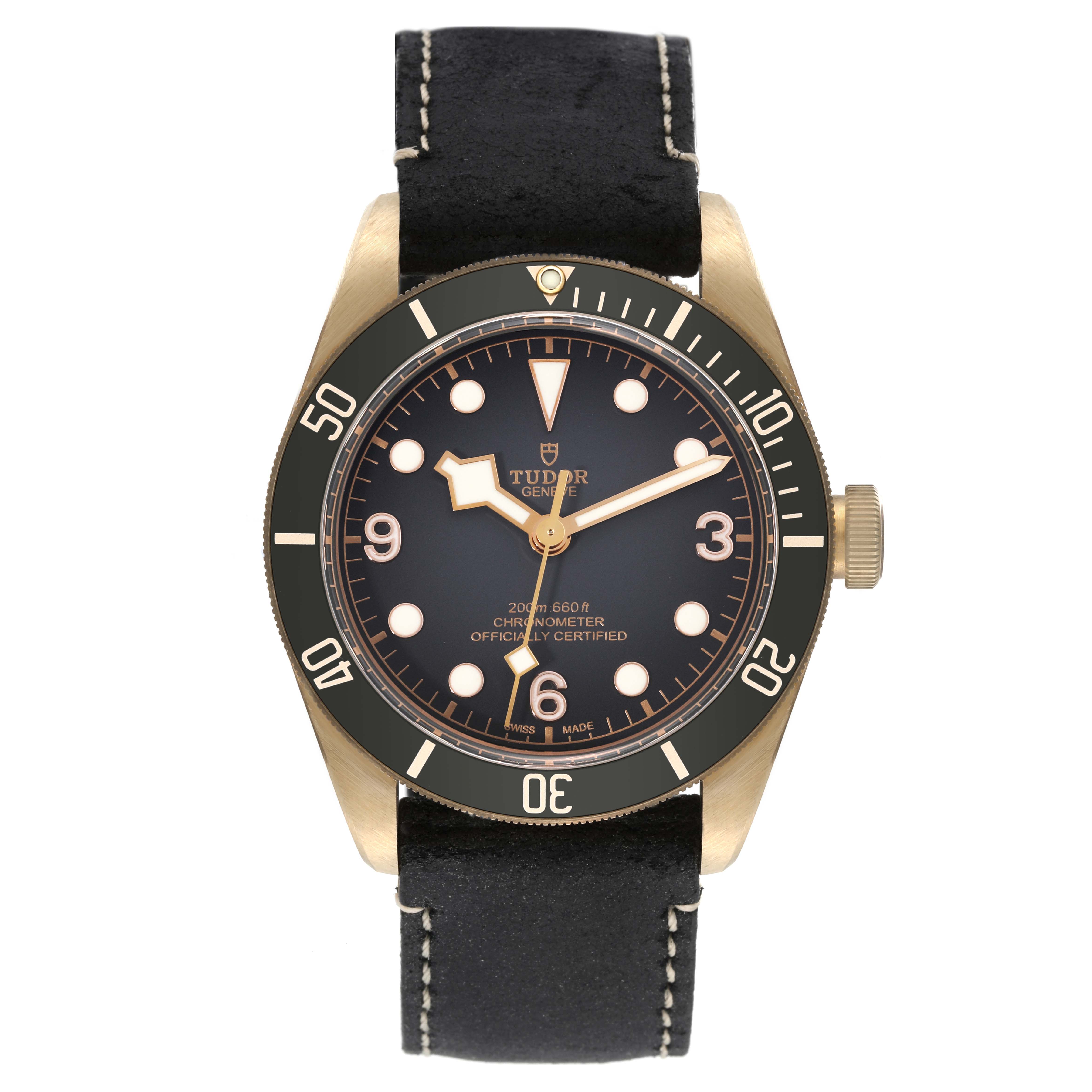 The image shows a front view of the Tudor Heritage Black Bay 79250BA Men's Bronze Black Dial 79250BA Men's Bronze Black Dial watch, highlighting the dial, bezel, and strap.