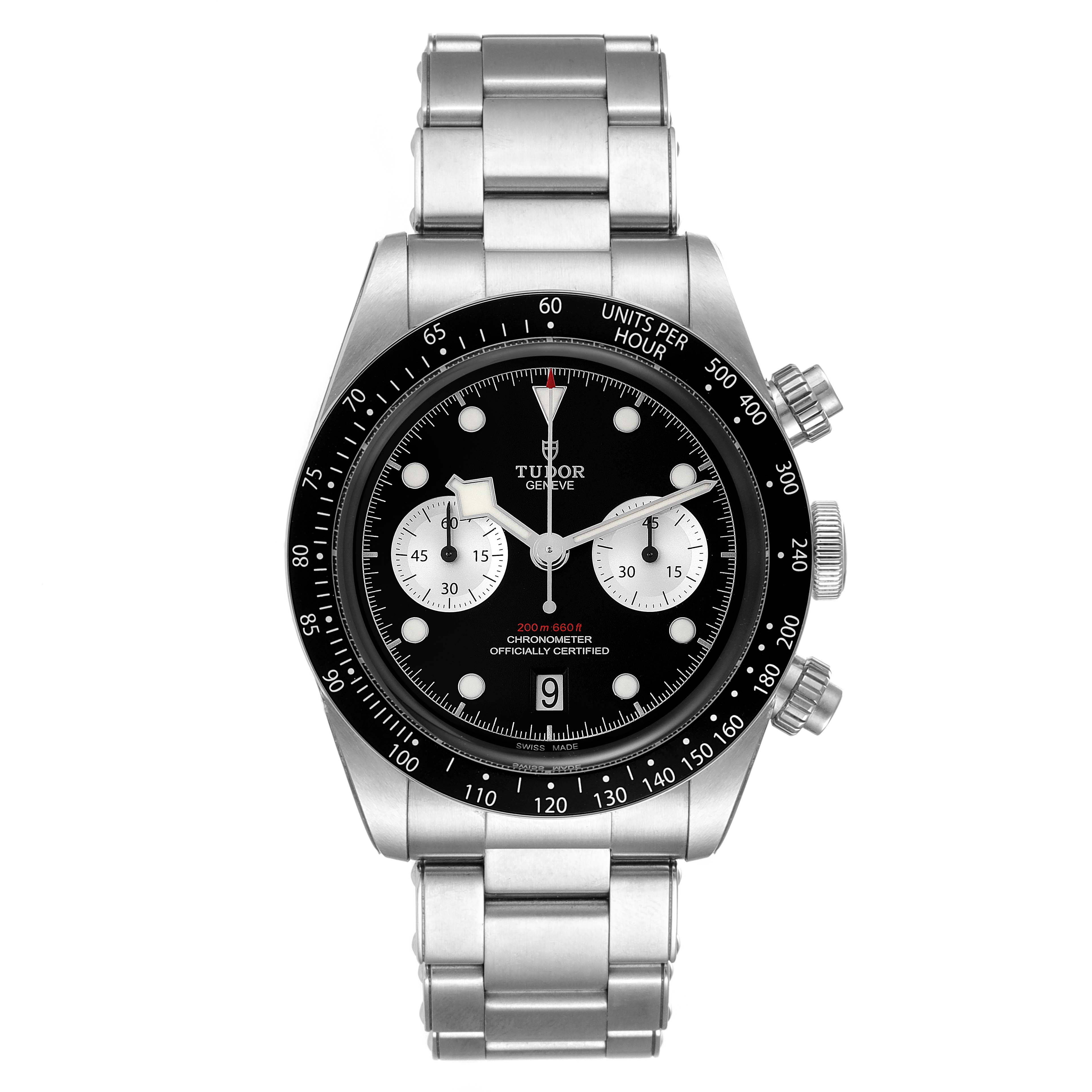 The image shows a top-down view of the Tudor Heritage Black Bay 79360N Men's Stainless Steel Black Dial 79360N Men's Stainless Steel Black Dial watch, displaying the dial, bezel, and bracelet.