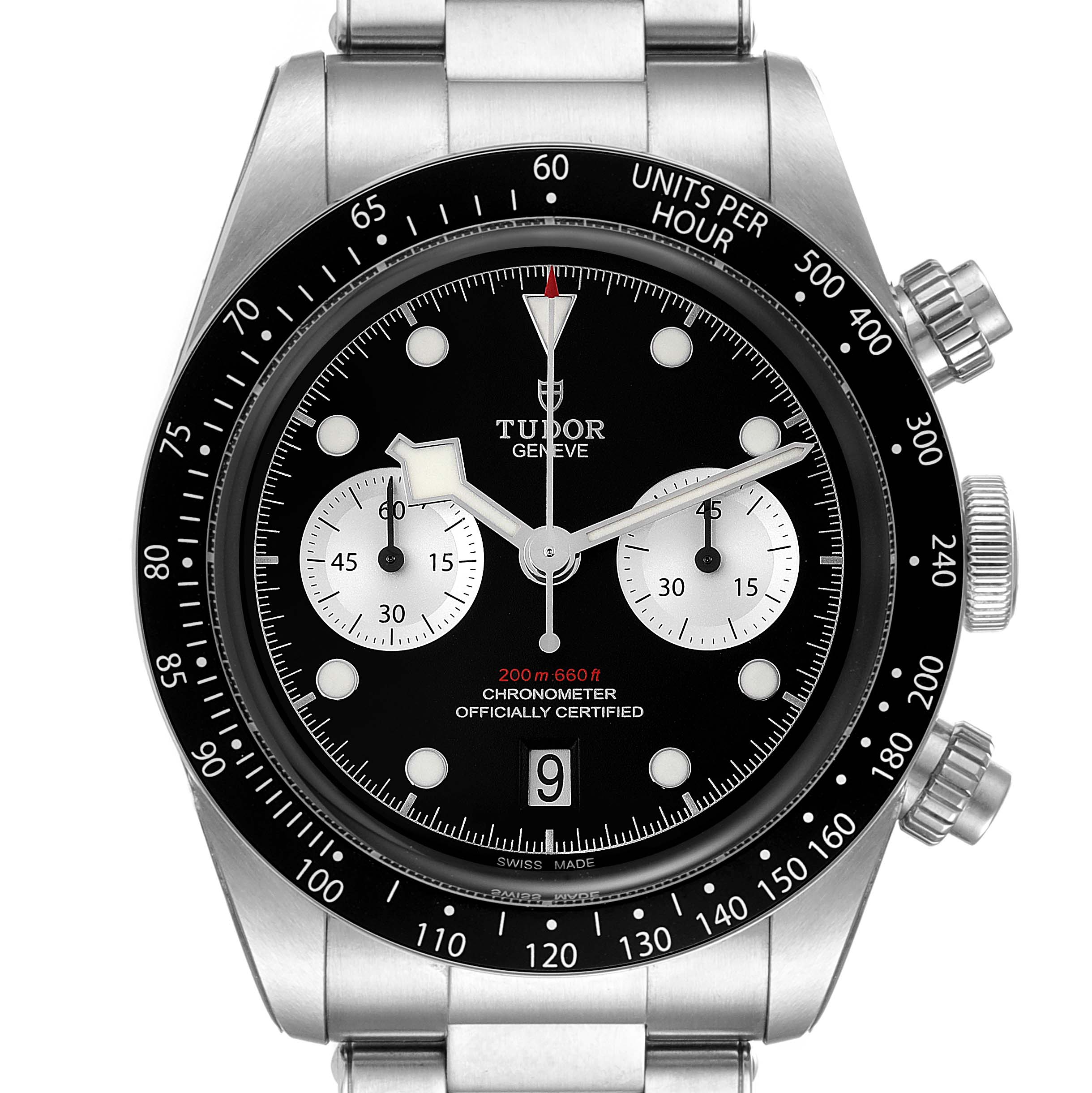 This is a front-facing view of the Tudor Heritage Black Bay 79360N Men's Stainless Steel Black Dial 79360N Men's Stainless Steel Black Dial watch, showing the dial, bezel, and chronograph pushers.