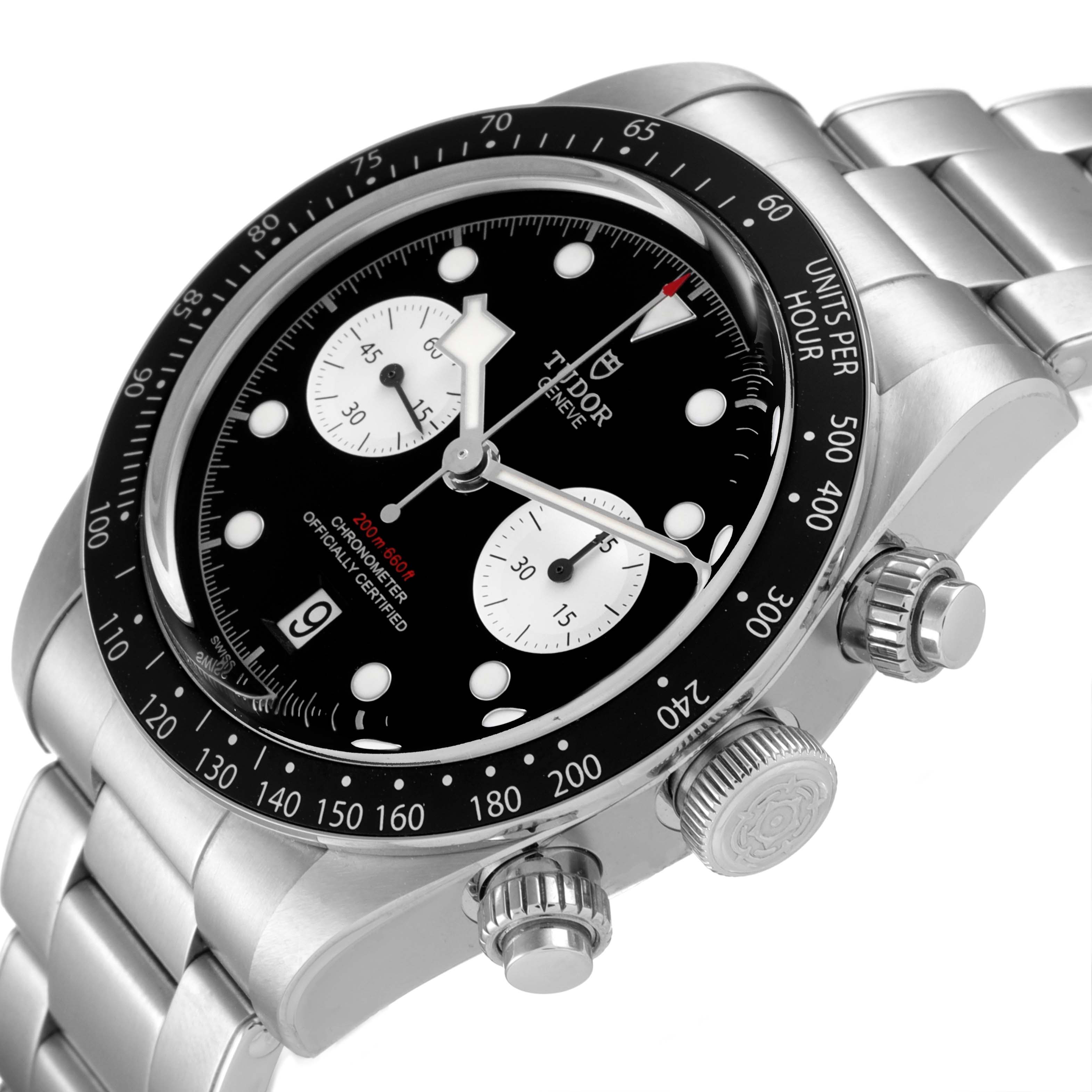 This image shows a Tudor Heritage Black Bay 79360N Men's Stainless Steel Black Dial 79360N Men's Stainless Steel Black Dial watch at an angled close-up, displaying the face, crown, pushers, and bracelet.