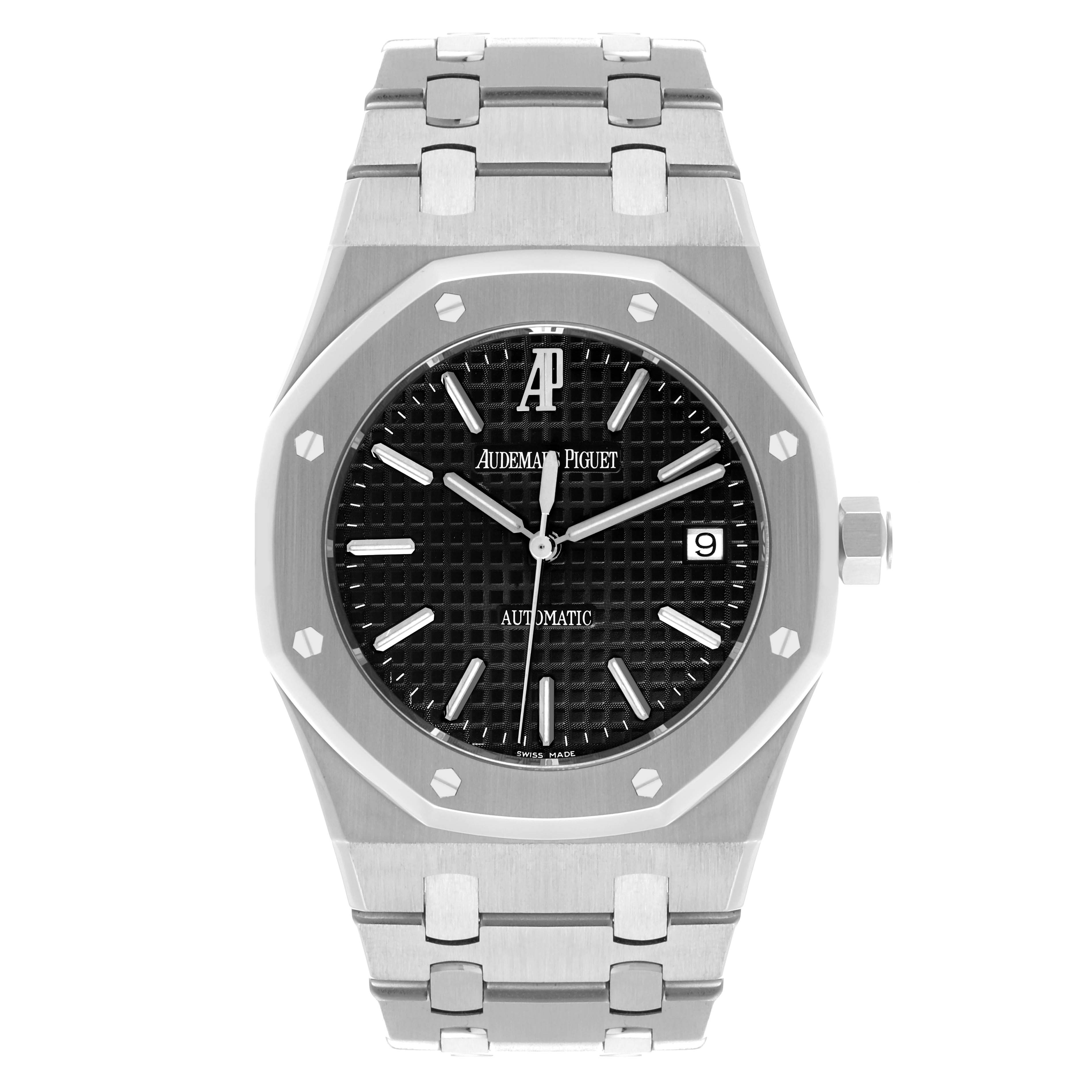 The Audemars Piguet Royal Oak 15300ST Men's Stainless Steel Black Dial 15300ST Men's Stainless Steel Black Dial watch is shown from a front angle, displaying its dial, bezel, and bracelet.