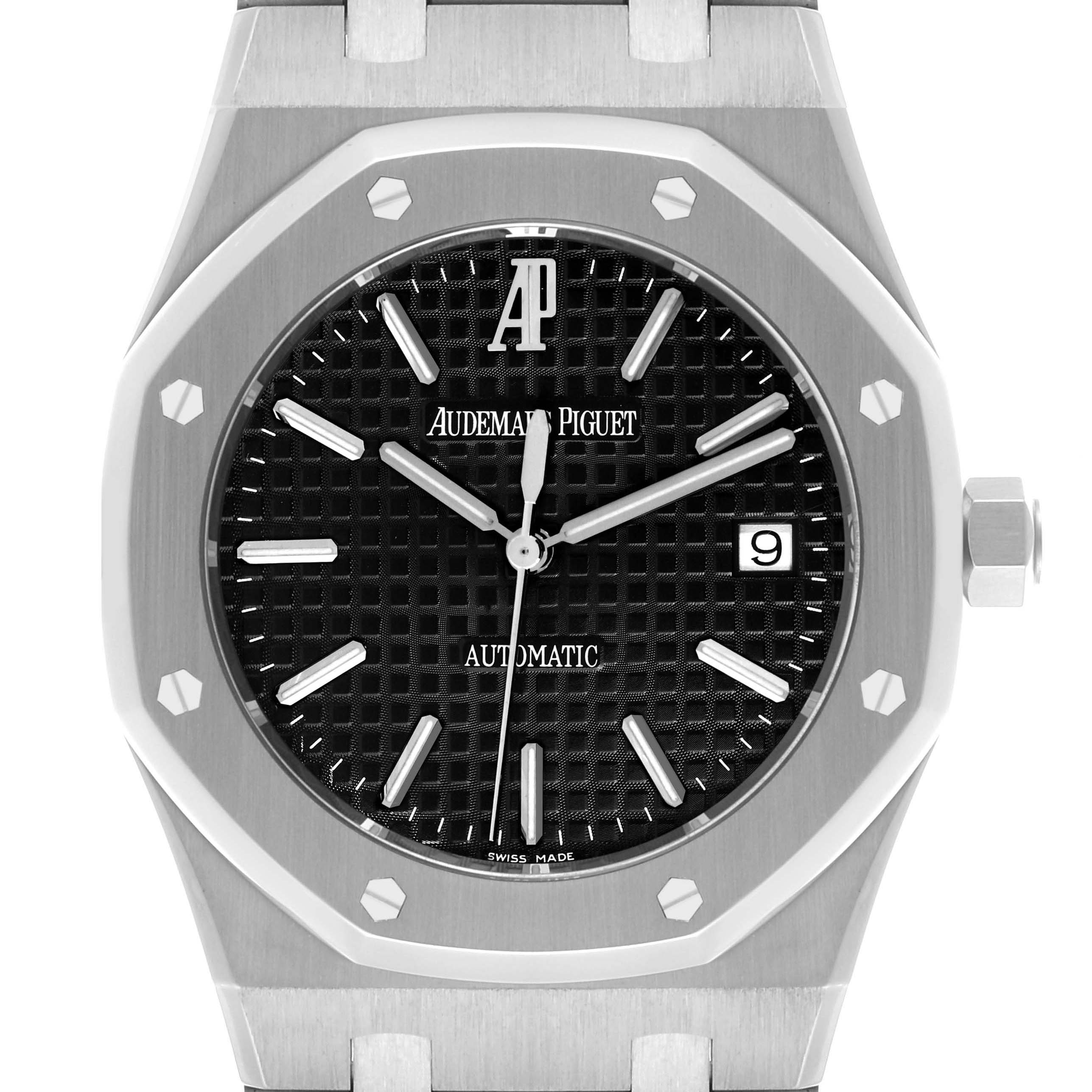 The Audemars Piguet Royal Oak 15300ST Men's Stainless Steel Black Dial 15300ST Men's Stainless Steel Black Dial watch is shown from the front, highlighting its octagonal bezel, textured dial, and date display.
