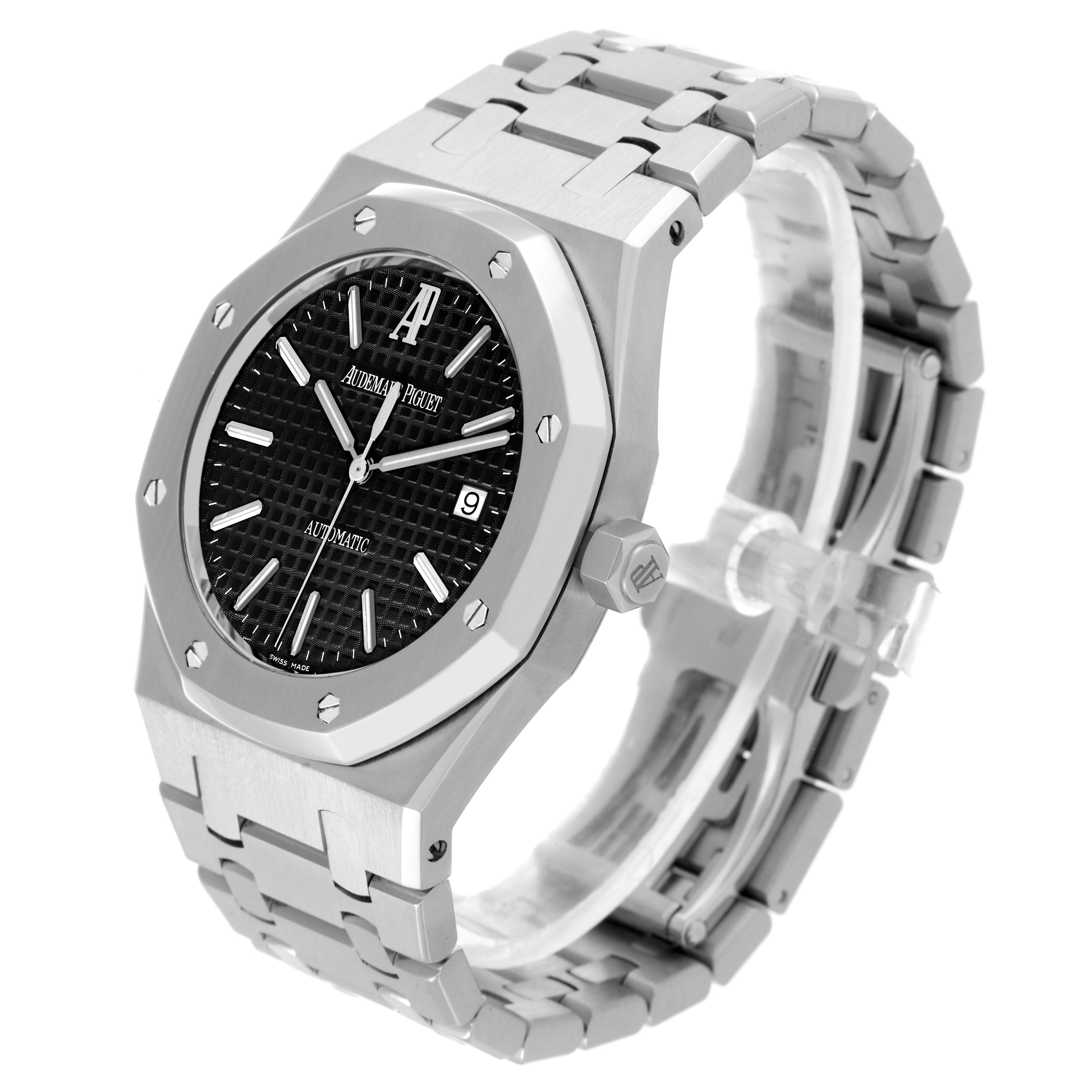 The Audemars Piguet Royal Oak 15300ST Men's Stainless Steel Black Dial 15300ST Men's Stainless Steel Black Dial is shown at a slight angle, displaying the face, bezel, crown, and metal bracelet.