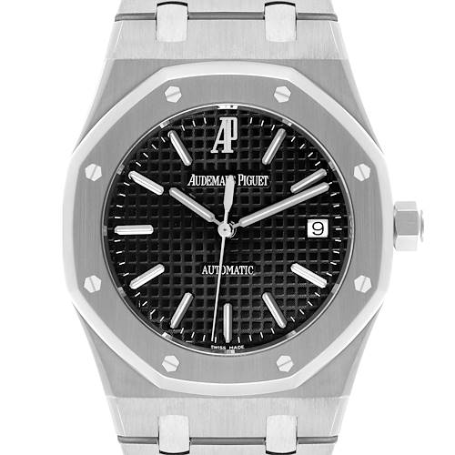 The Audemars Piguet Royal Oak watch is shown from a front angle, displaying the face, bezel, crown, and part of the bracelet.