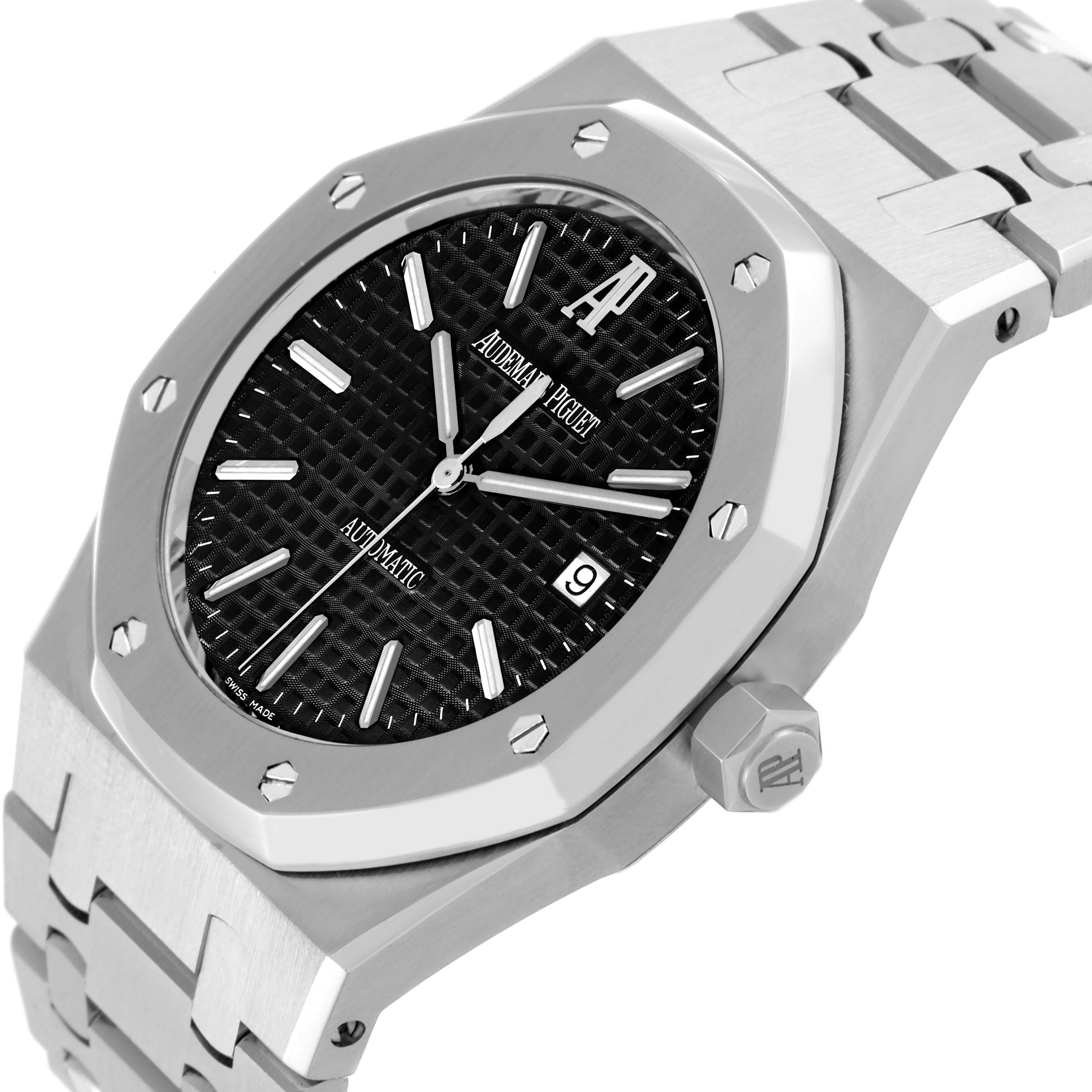 The Audemars Piguet Royal Oak 15300ST Men's Stainless Steel Black Dial 15300ST Men's Stainless Steel Black Dial watch is shown from a front-side angle, highlighting the dial, bezel, crown, and bracelet links.