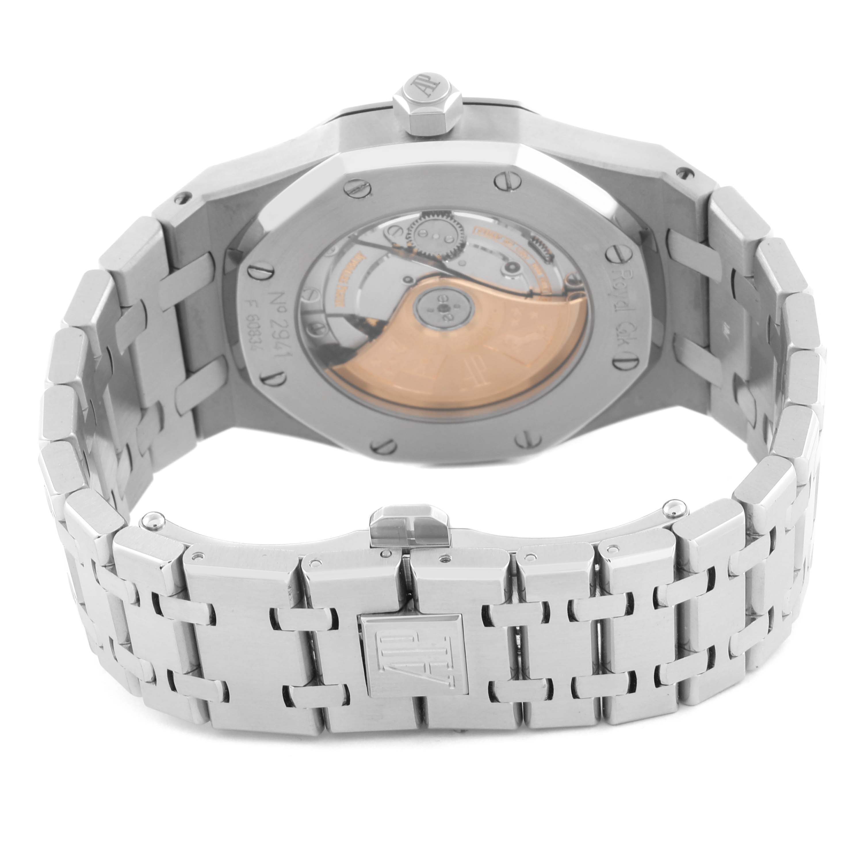 The image shows the back view of an Audemars Piguet Royal Oak 15300ST Men's Stainless Steel Black Dial 15300ST Men's Stainless Steel Black Dial, highlighting the case back and bracelet.