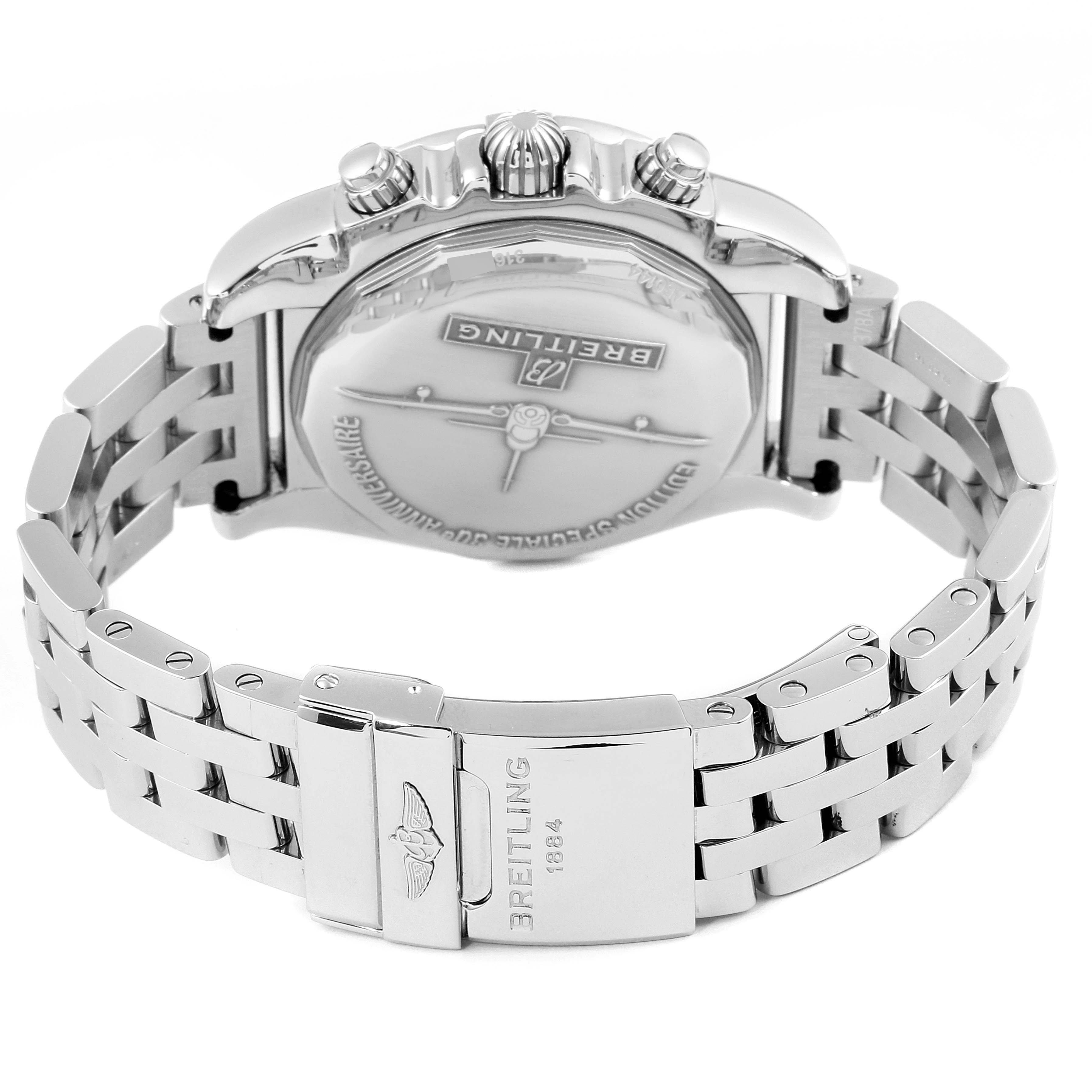 The image shows the back and bracelet of the Breitling Chronomat AB0141 Men
s Stainless Steel Silver Dial AB0141 Men
s Stainless Steel Silver Dial watch, highlighting the clasp and case back details.