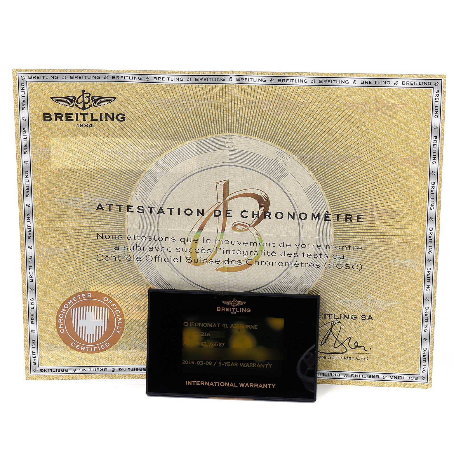 The image shows the Best Quality
ation and warranty papers for the Breitling Chronomat AB0141 Men
s Stainless Steel Silver Dial AB0141 Men
s Stainless Steel Silver Dial watch model.