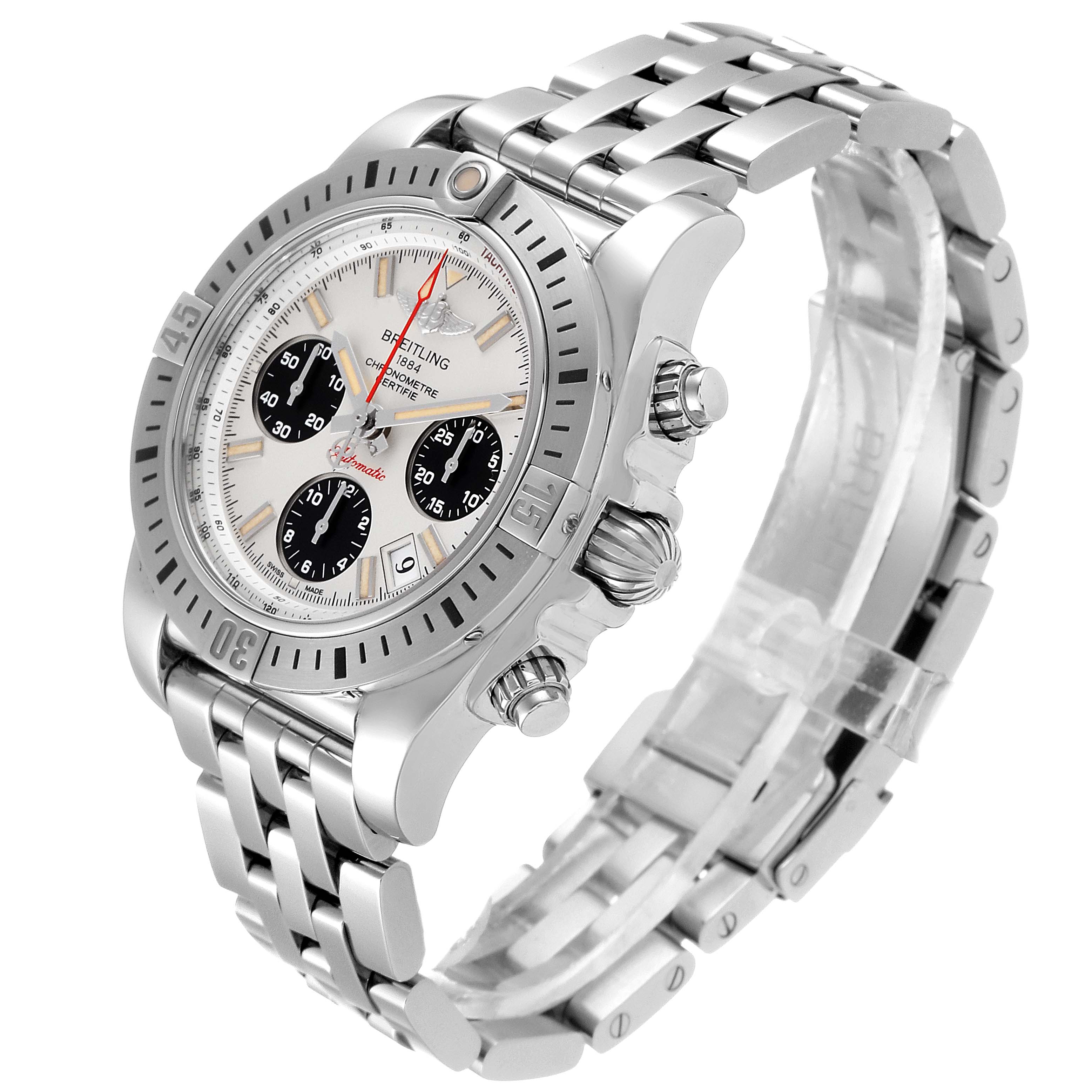 The Breitling Chronomat AB0141 Men
s Stainless Steel Silver Dial AB0141 Men
s Stainless Steel Silver Dial watch is shown at a three-quarter angle, highlighting the face, bezel, crown, pushers, and bracelet.