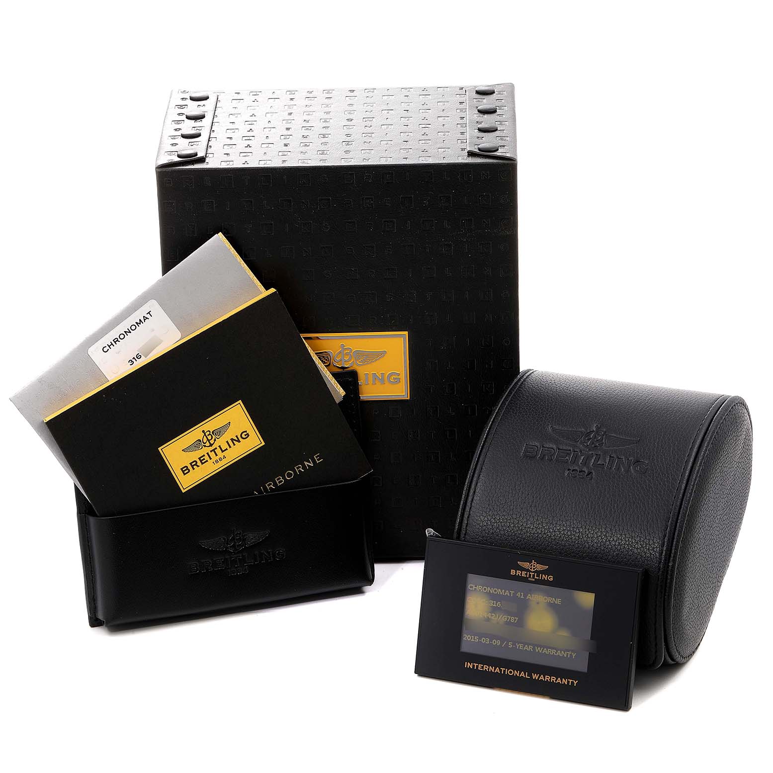 The image shows the packaging, manual, warranty card, and leather case for a Breitling Chronomat AB0141 Men
s Stainless Steel Silver Dial AB0141 Men
s Stainless Steel Silver Dial model watch.