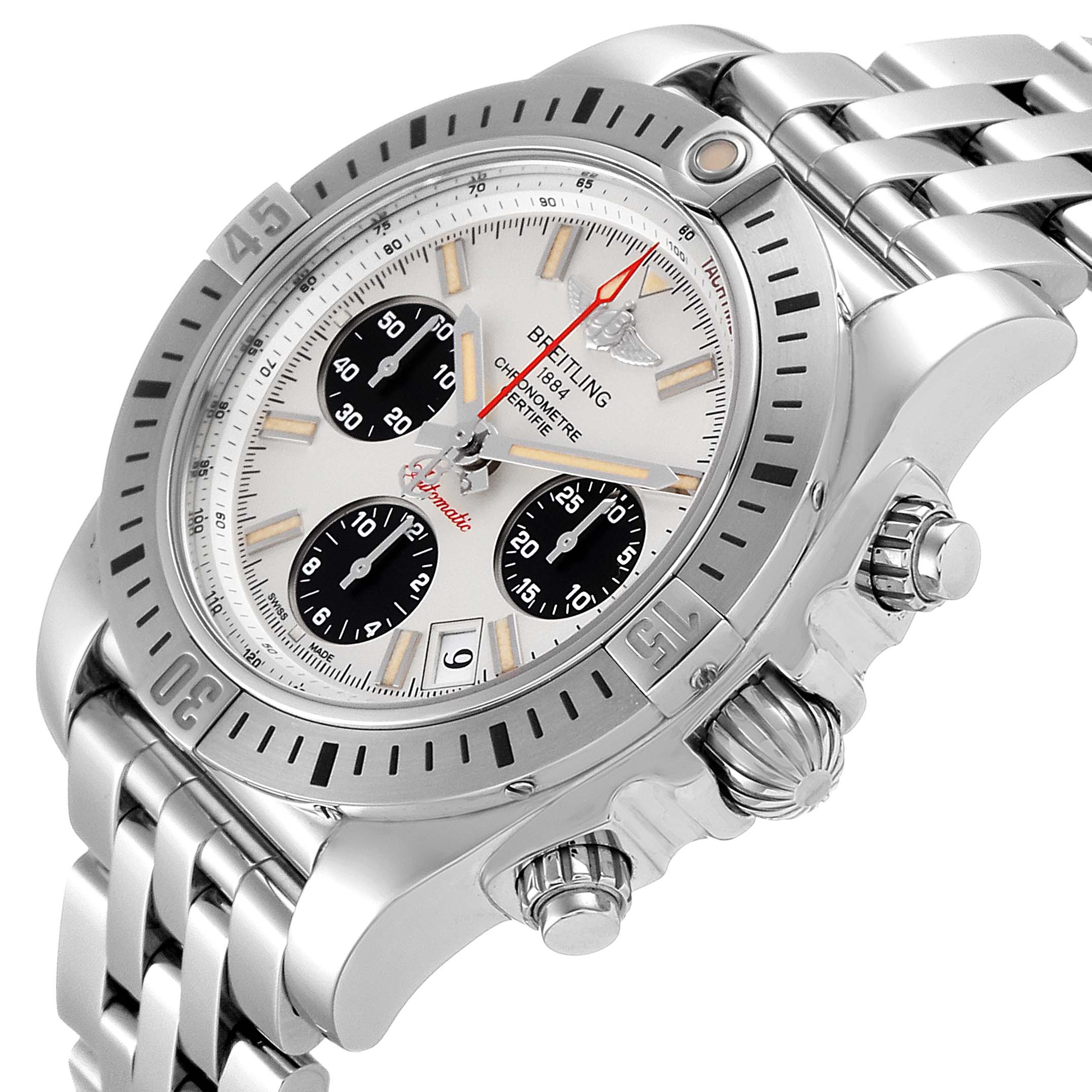 This Breitling Chronomat AB0141 Men
s Stainless Steel Silver Dial AB0141 Men
s Stainless Steel Silver Dial watch is shown at an angle highlighting its face, bezel, crown, pushers, and bracelet.