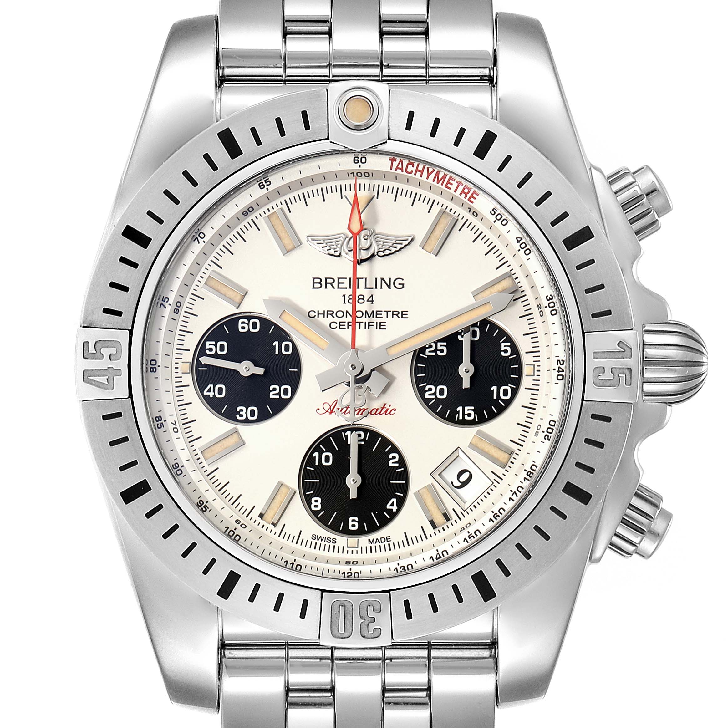 The Breitling Chronomat AB0141 Men
s Stainless Steel Silver Dial AB0141 Men
s Stainless Steel Silver Dial watch is shown from a front angle, displaying its dial, bezel, chronograph sub-dials, and stainless steel bracelet.