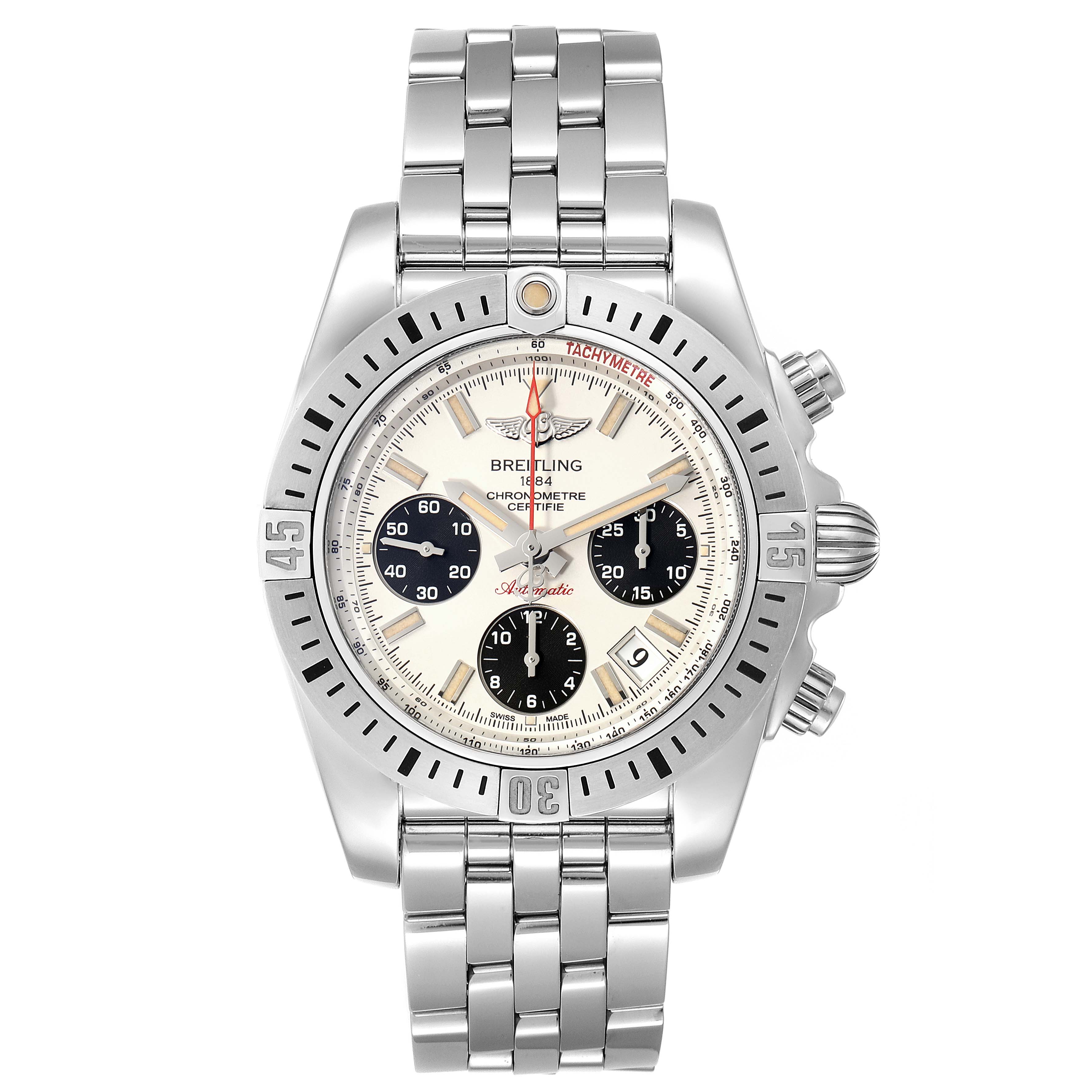 The Breitling Chronomat AB0141 Men
s Stainless Steel Silver Dial AB0141 Men
s Stainless Steel Silver Dial watch is shown from a front angle, displaying its dial, bezel, chronograph sub-dials, and bracelet.