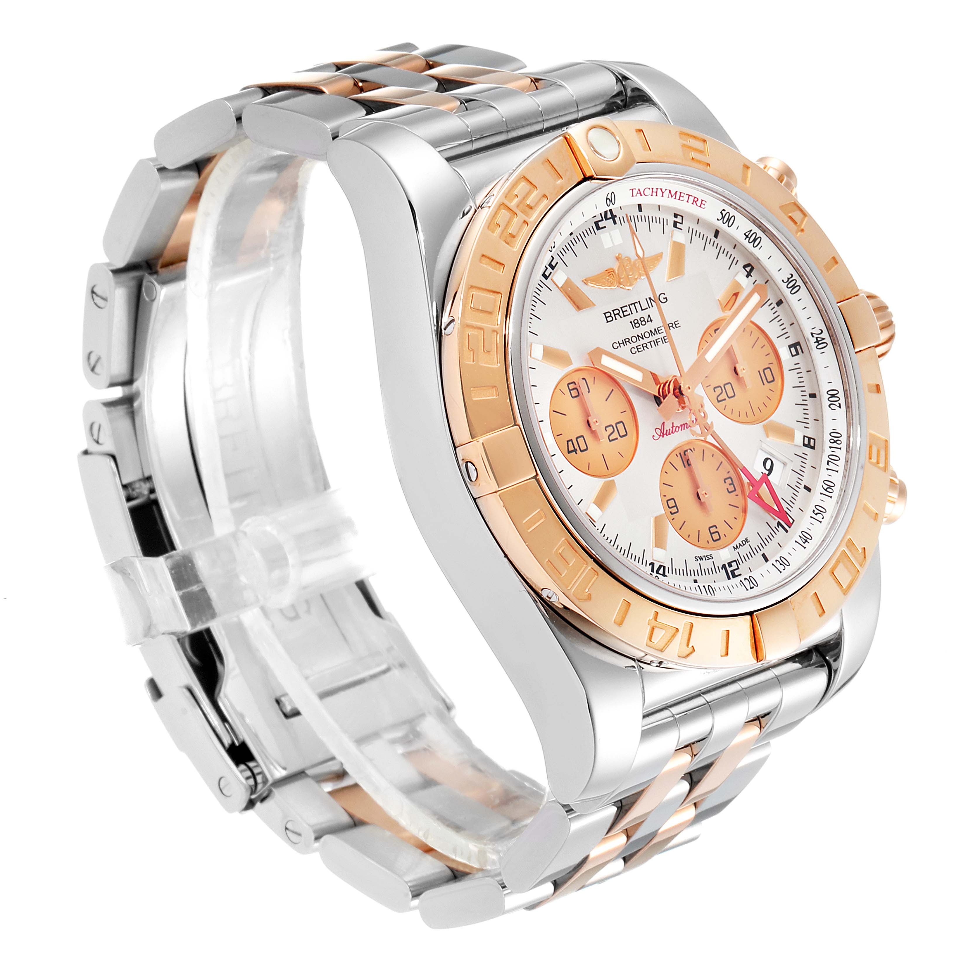 This image shows a side angle of a Breitling Chronomat CB0420 Men's Steel and Gold (two tone) Silver Dial CB0420 Men's Steel and Gold (two tone) Silver Dial watch, highlighting its two-tone bracelet and dial with chronograph features.