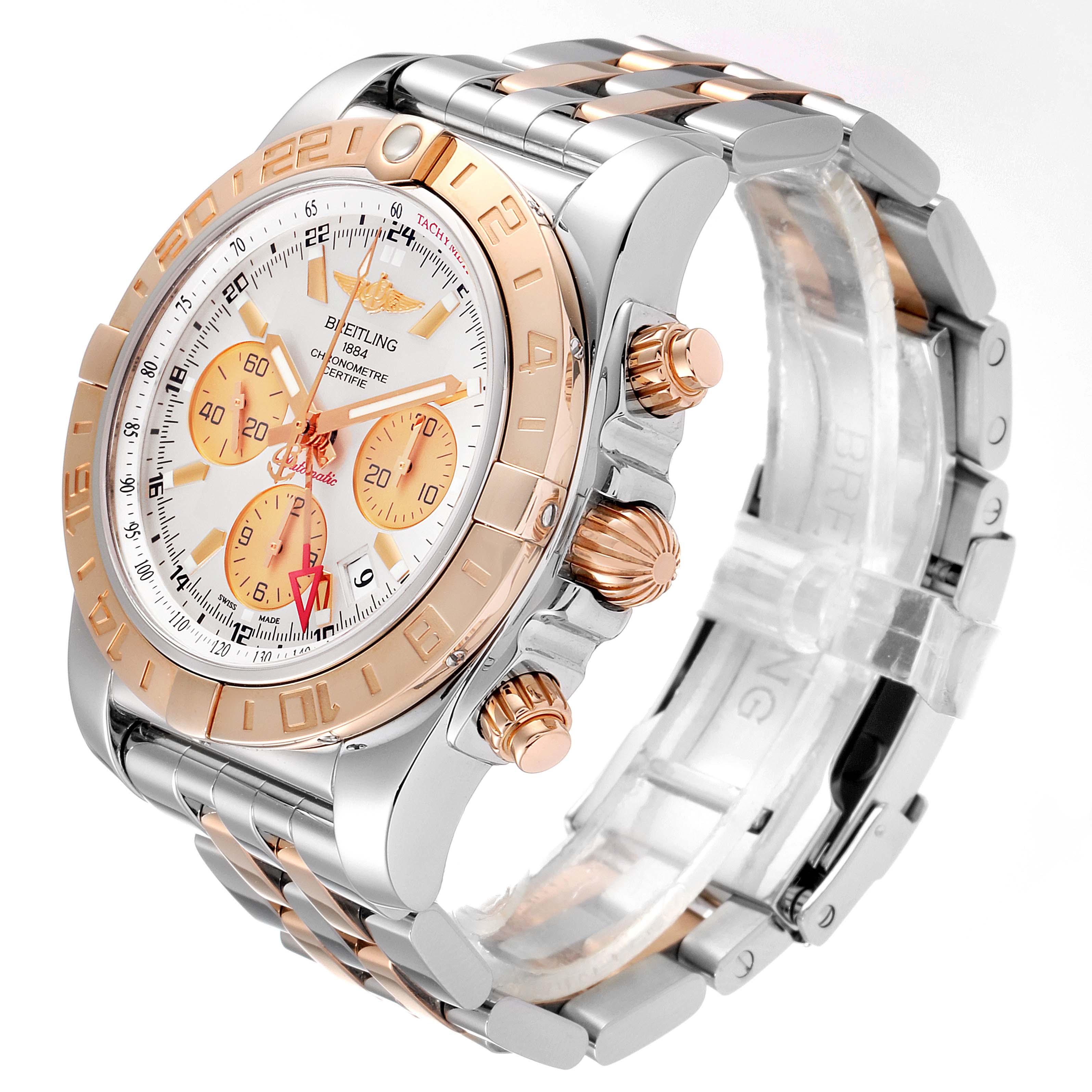 The Breitling Chronomat CB0420 Men's Steel and Gold (two tone) Silver Dial CB0420 Men's Steel and Gold (two tone) Silver Dial watch is shown at a three-quarter angle, highlighting its face, crown, pushers, and bracelet.