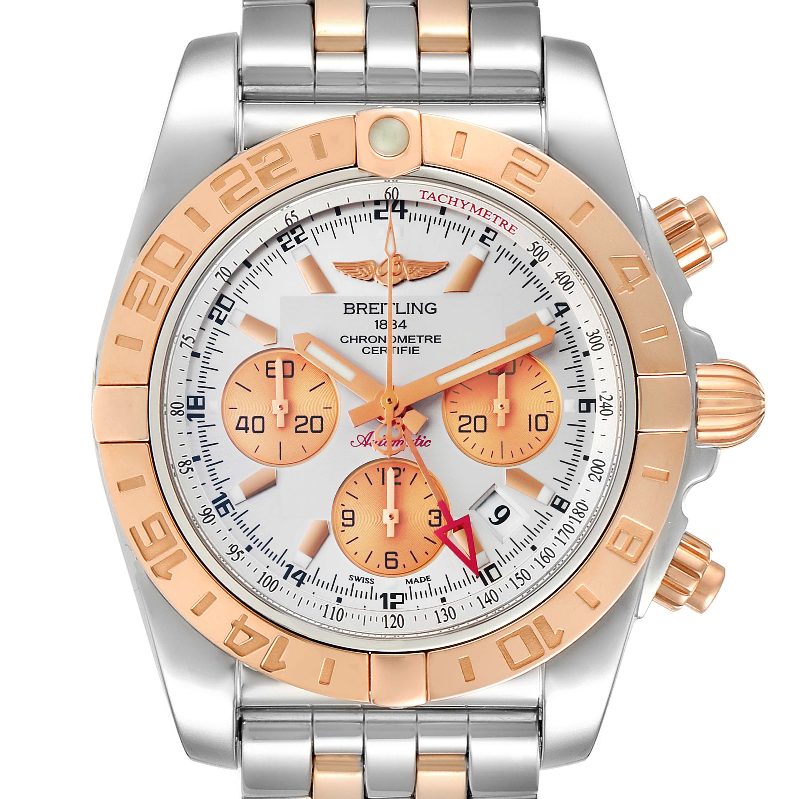 The image shows the front view of a Breitling Chronomat CB0420 Men's Steel and Gold (two tone) Silver Dial CB0420 Men's Steel and Gold (two tone) Silver Dial watch featuring a two-tone bracelet, tachymeter scale, and chronograph subdials.