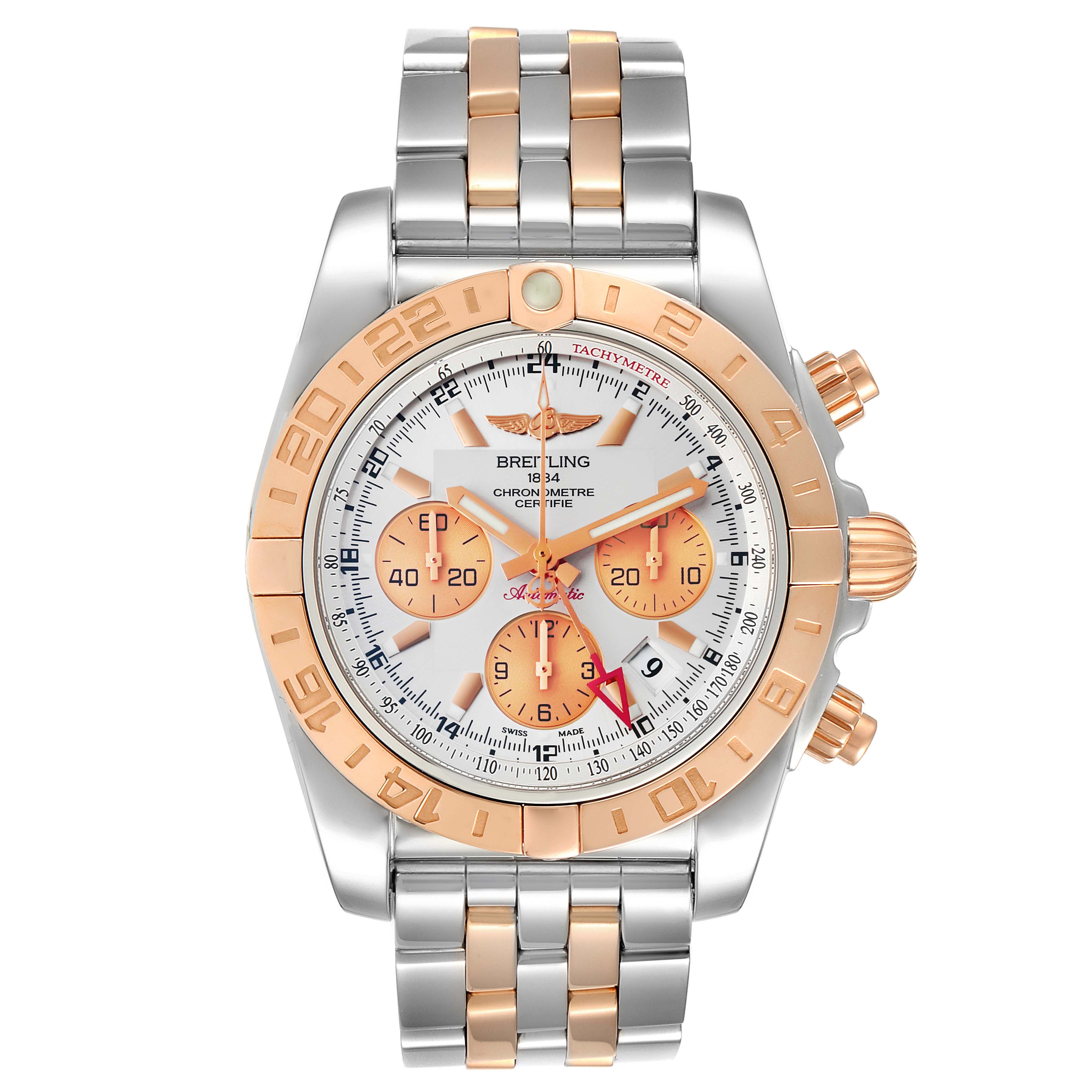 The image shows a front view of a Breitling Chronomat CB0420 Men's Steel and Gold (two tone) Silver Dial CB0420 Men's Steel and Gold (two tone) Silver Dial watch, featuring a two-tone case and bracelet with three subdials and a date window.