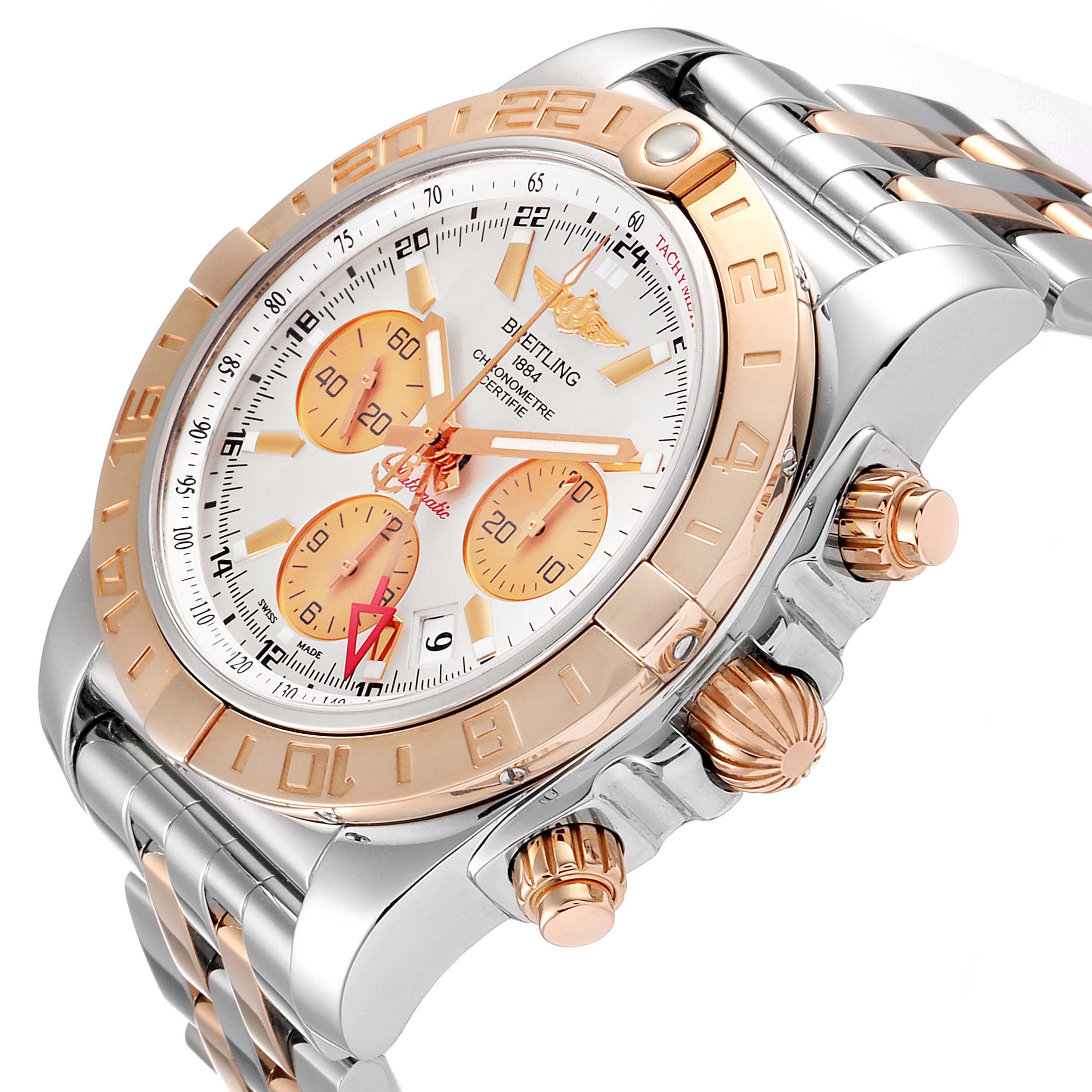 The image shows a side angle of the Breitling Chronomat CB0420 Men's Steel and Gold (two tone) Silver Dial CB0420 Men's Steel and Gold (two tone) Silver Dial watch highlighting the bezel, subdials, crown, and bracelet.