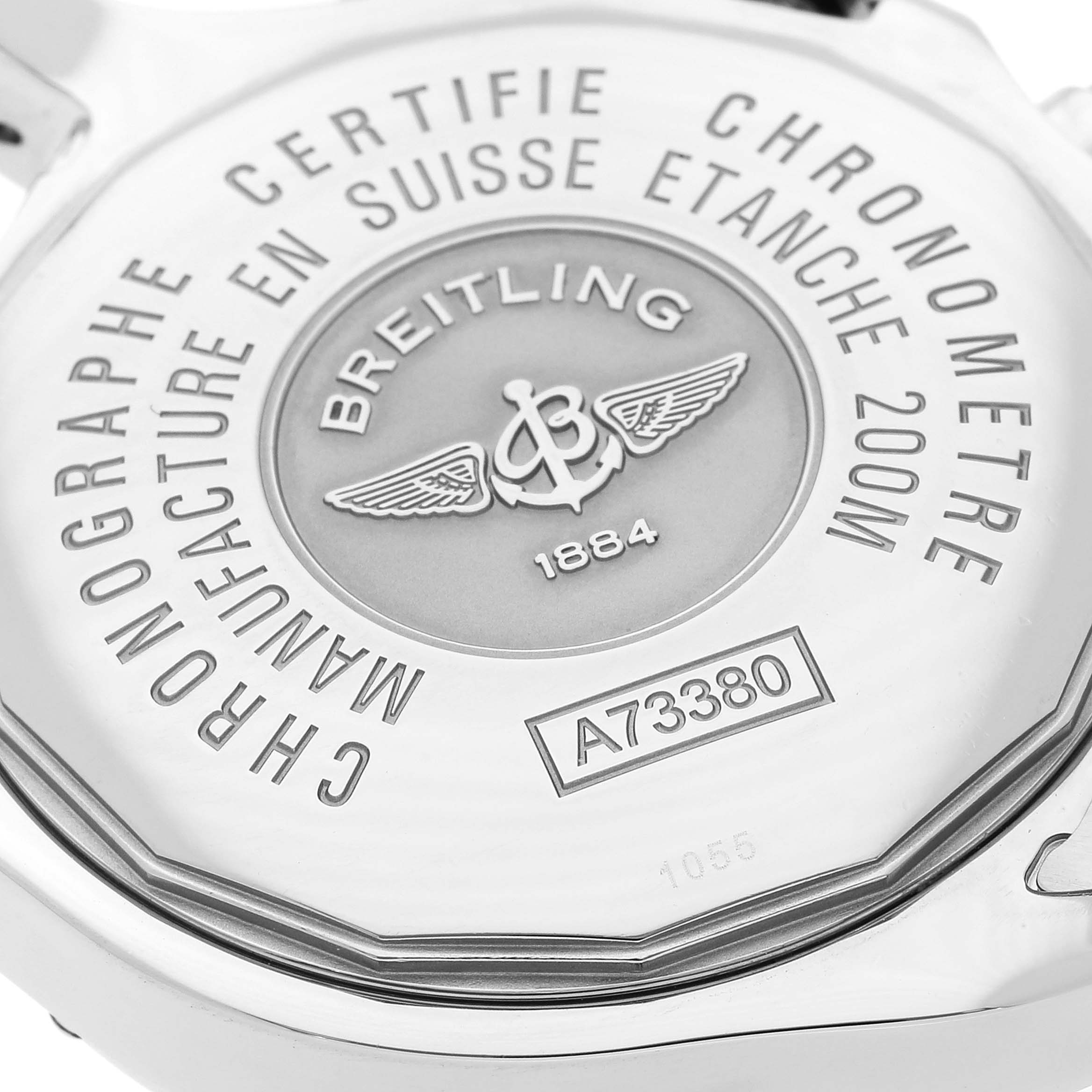This image shows the back case of a Breitling Colt A73380 Men's Stainless Steel White Dial A73380 Men's Stainless Steel White Dial watch, displaying its engravings and model number "A73380."