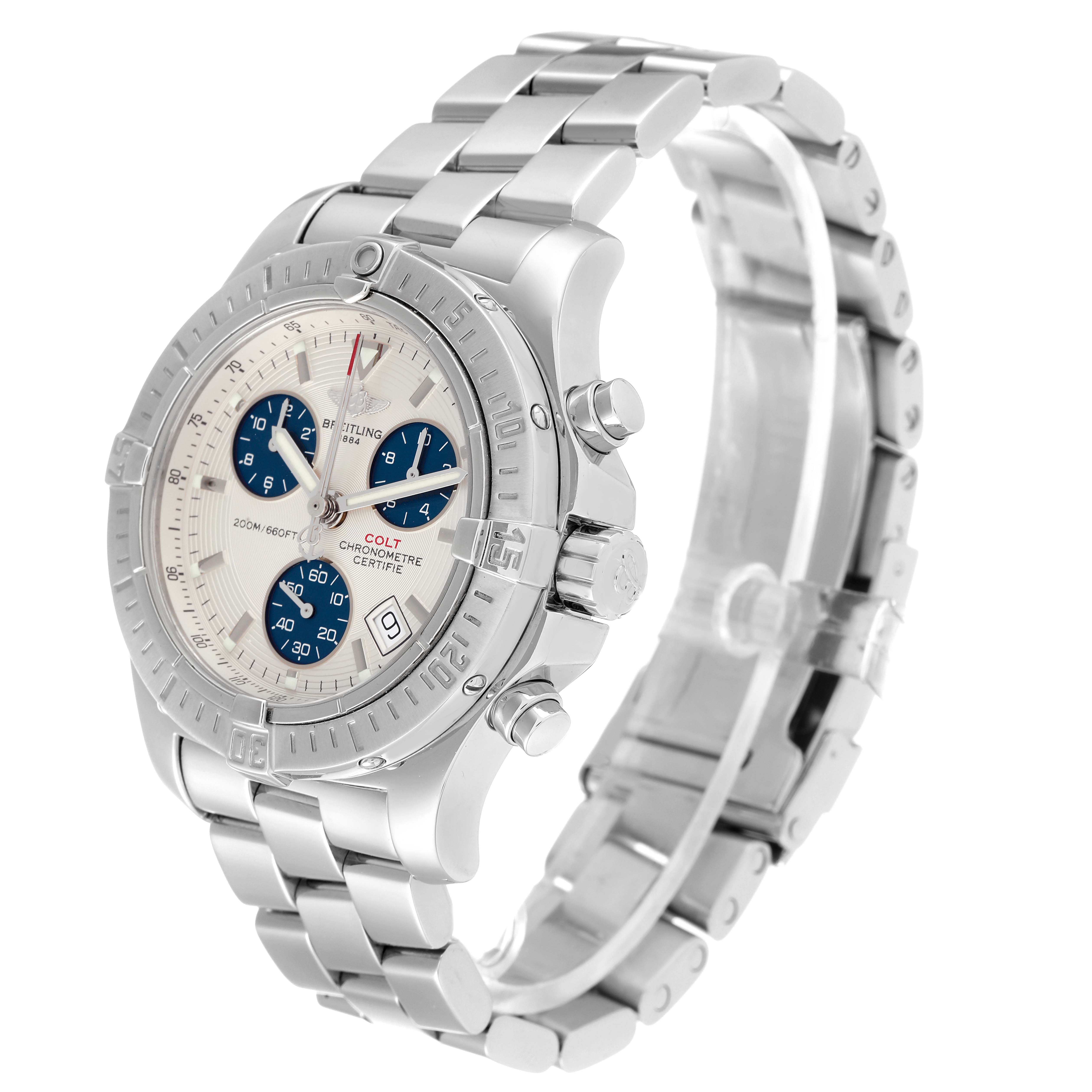 The Breitling Colt A73380 Men's Stainless Steel White Dial A73380 Men's Stainless Steel White Dial watch is shown at an angled side view, displaying the face, bezel, crown, pushers, and part of the bracelet.