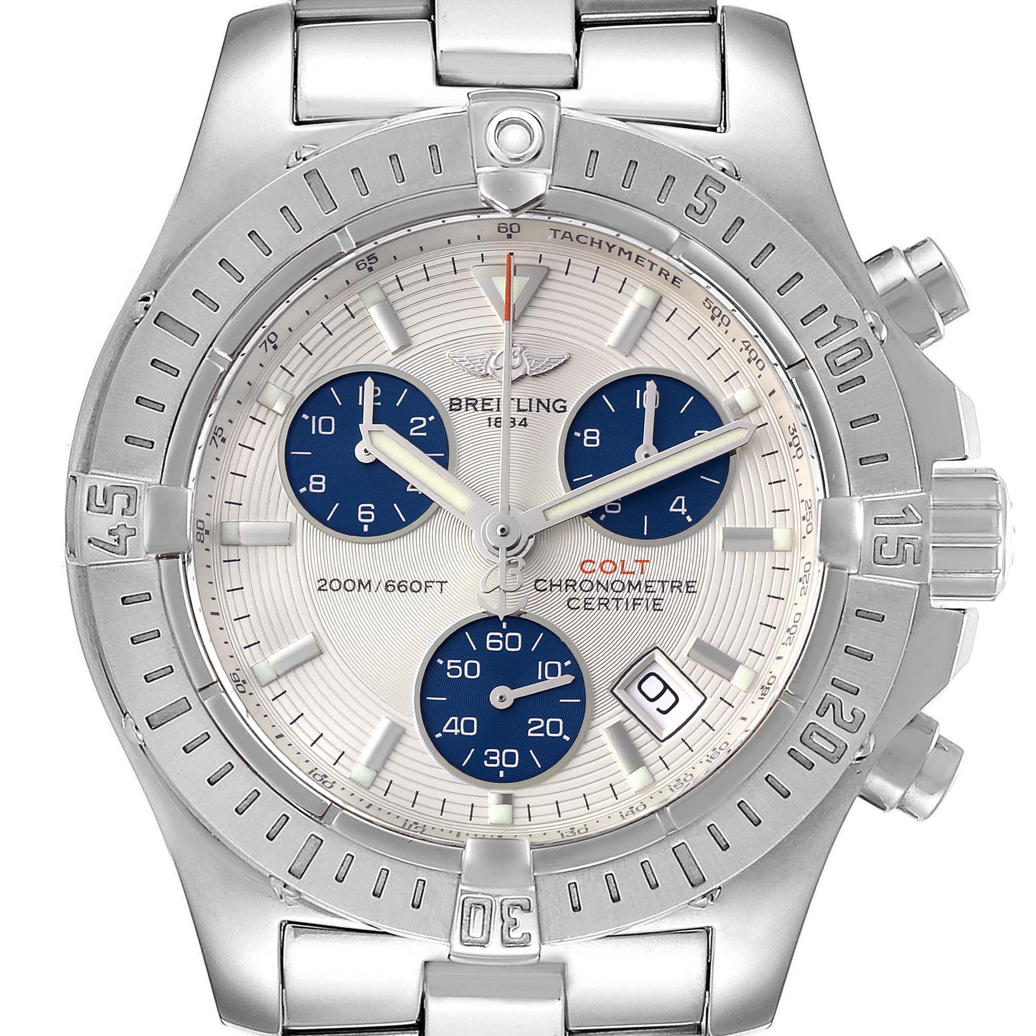 This image shows a frontal view of the Breitling Colt A73380 Men's Stainless Steel White Dial A73380 Men's Stainless Steel White Dial watch, including its dial, bezel, and chronograph subdials.