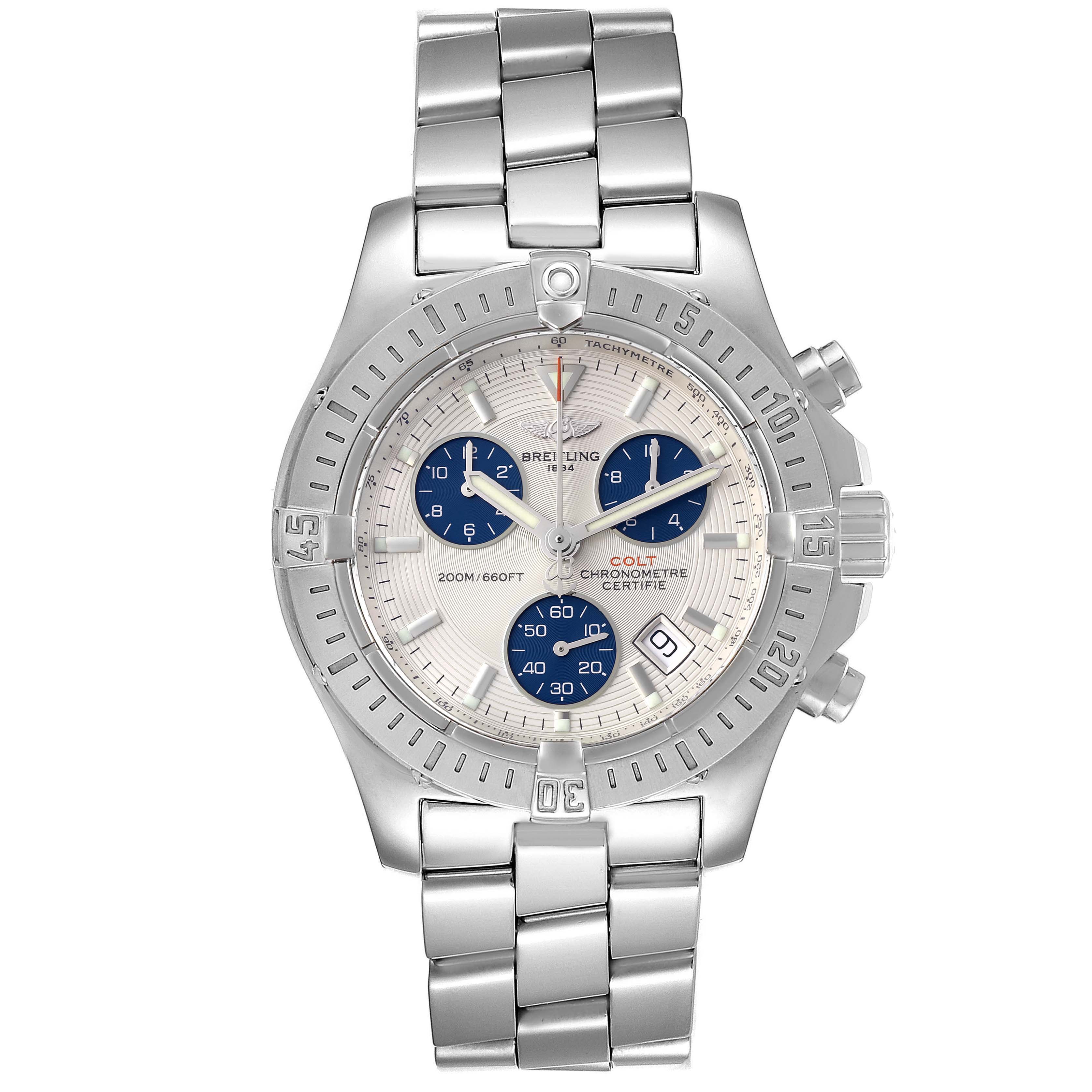 The image shows a frontal view of the Breitling Colt A73380 Men's Stainless Steel White Dial A73380 Men's Stainless Steel White Dial watch, highlighting its face, bezel, and metal strap.