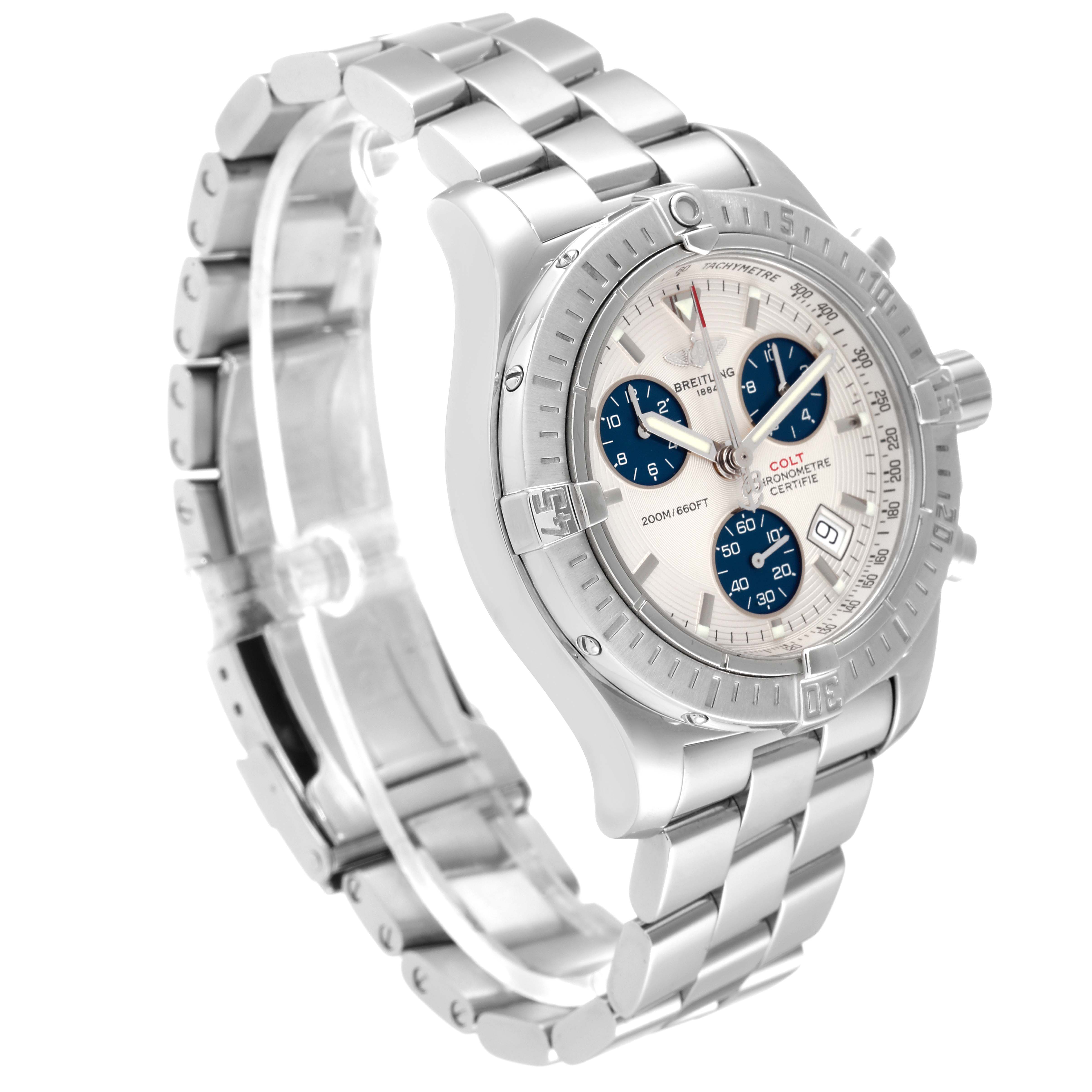 The image shows a Breitling Colt A73380 Men's Stainless Steel White Dial A73380 Men's Stainless Steel White Dial watch at a three-quarter angle, highlighting the face, bezel, and bracelet.
