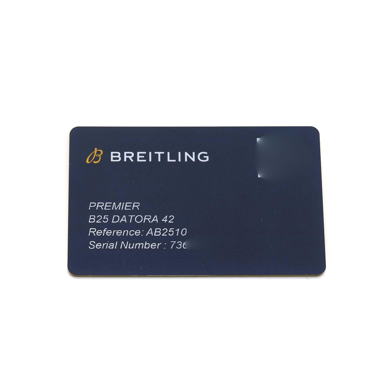 The image shows a warranty card for the Breitling Premier AB2510 Men's Stainless Steel Pink Dial B25 Datora 42 watch, displaying model and serial numbers.