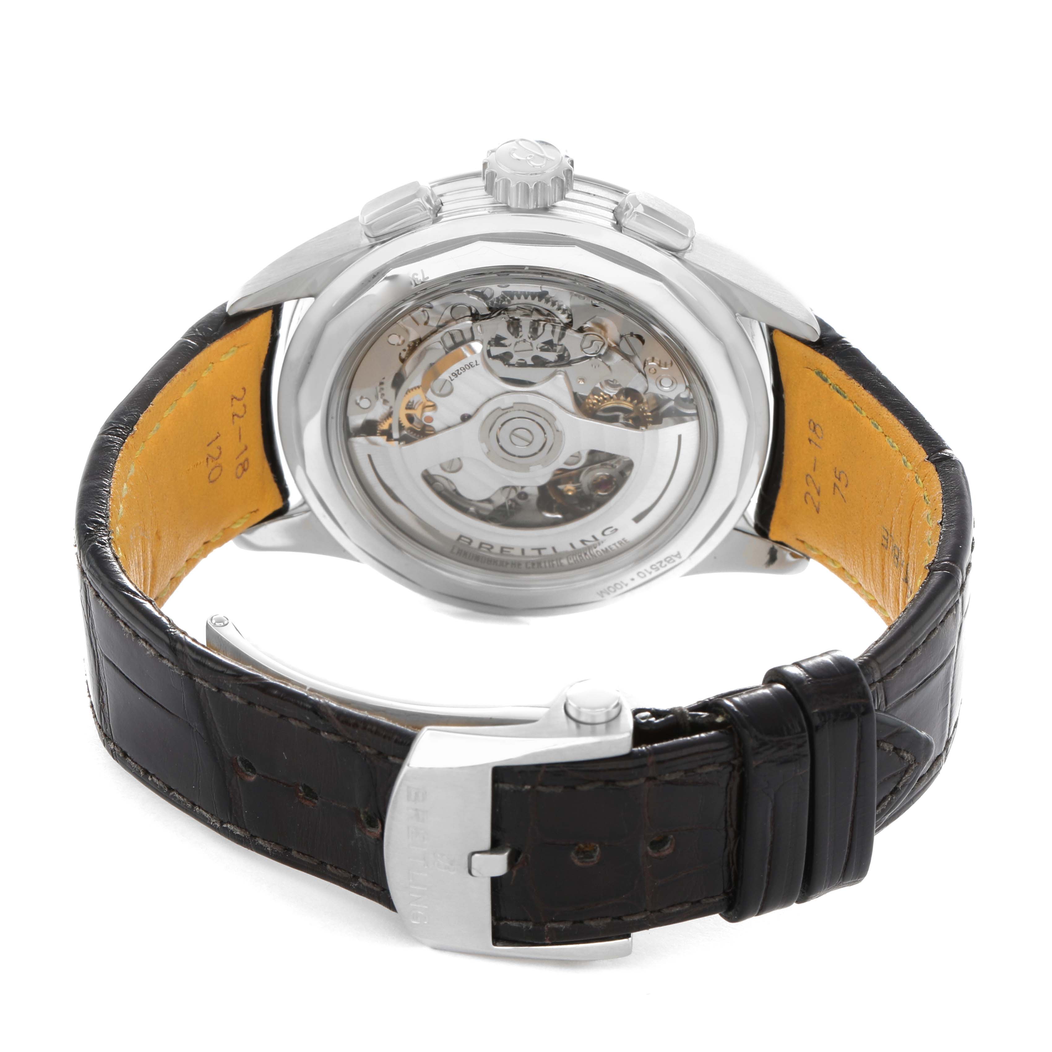 The Breitling Premier AB2510 Men's Stainless Steel Pink Dial watch is shown from the back, displaying its transparent case back and leather strap.