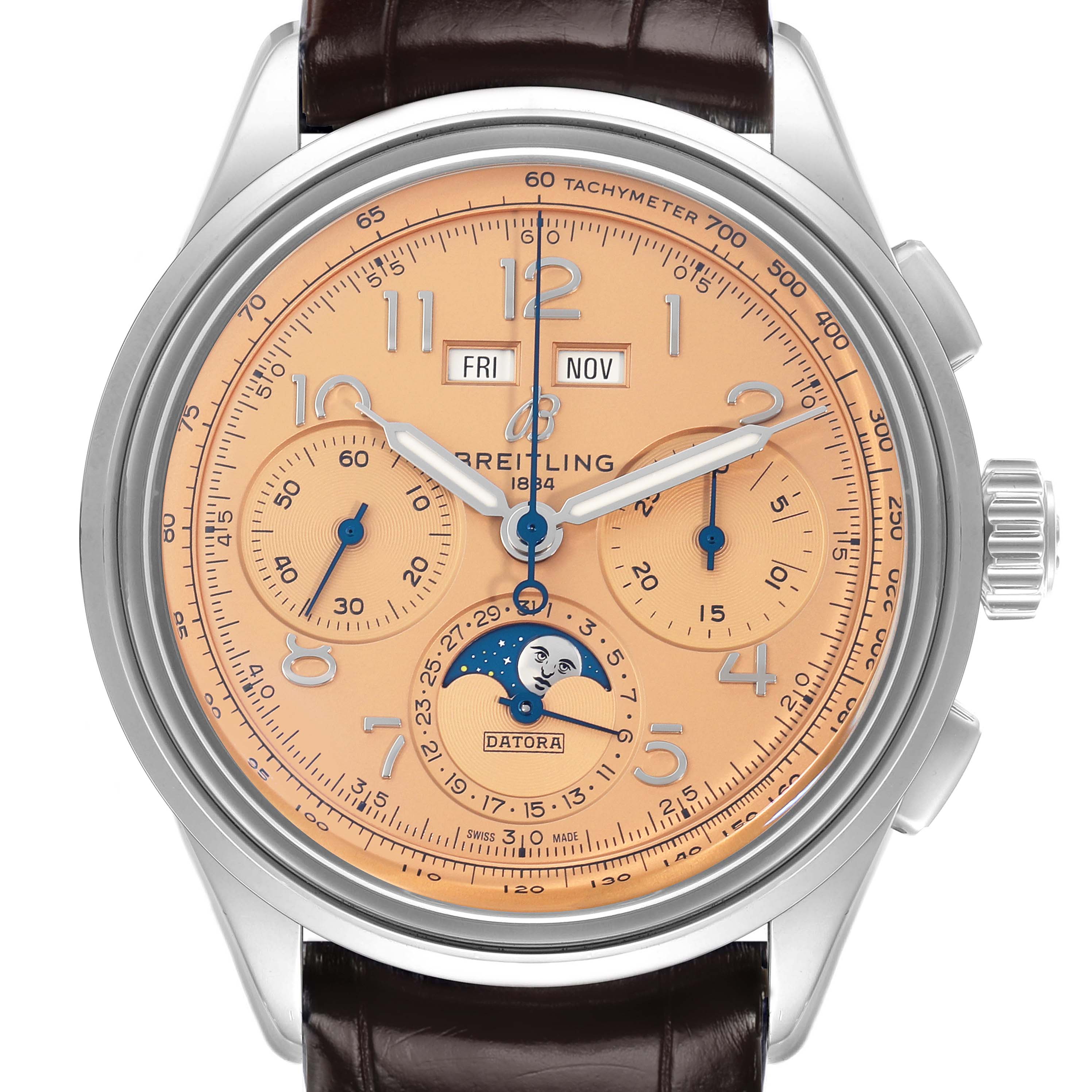The Breitling Premier AB2510 Men's Stainless Steel Pink Dial watch is shown from the front, displaying its dial with chronograph subdials and moon phase.
