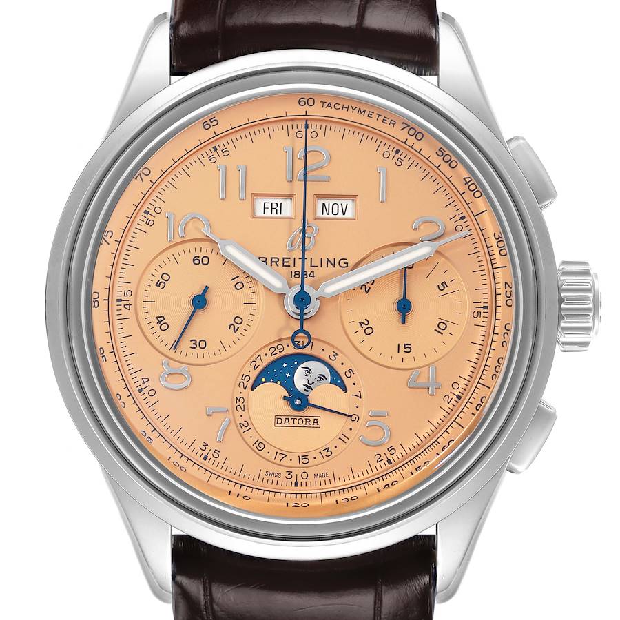 The Breitling Premier AB2510 Men's Stainless Steel Pink Dial watch is shown from the front, displaying its dial with chronograph subdials and moon phase.