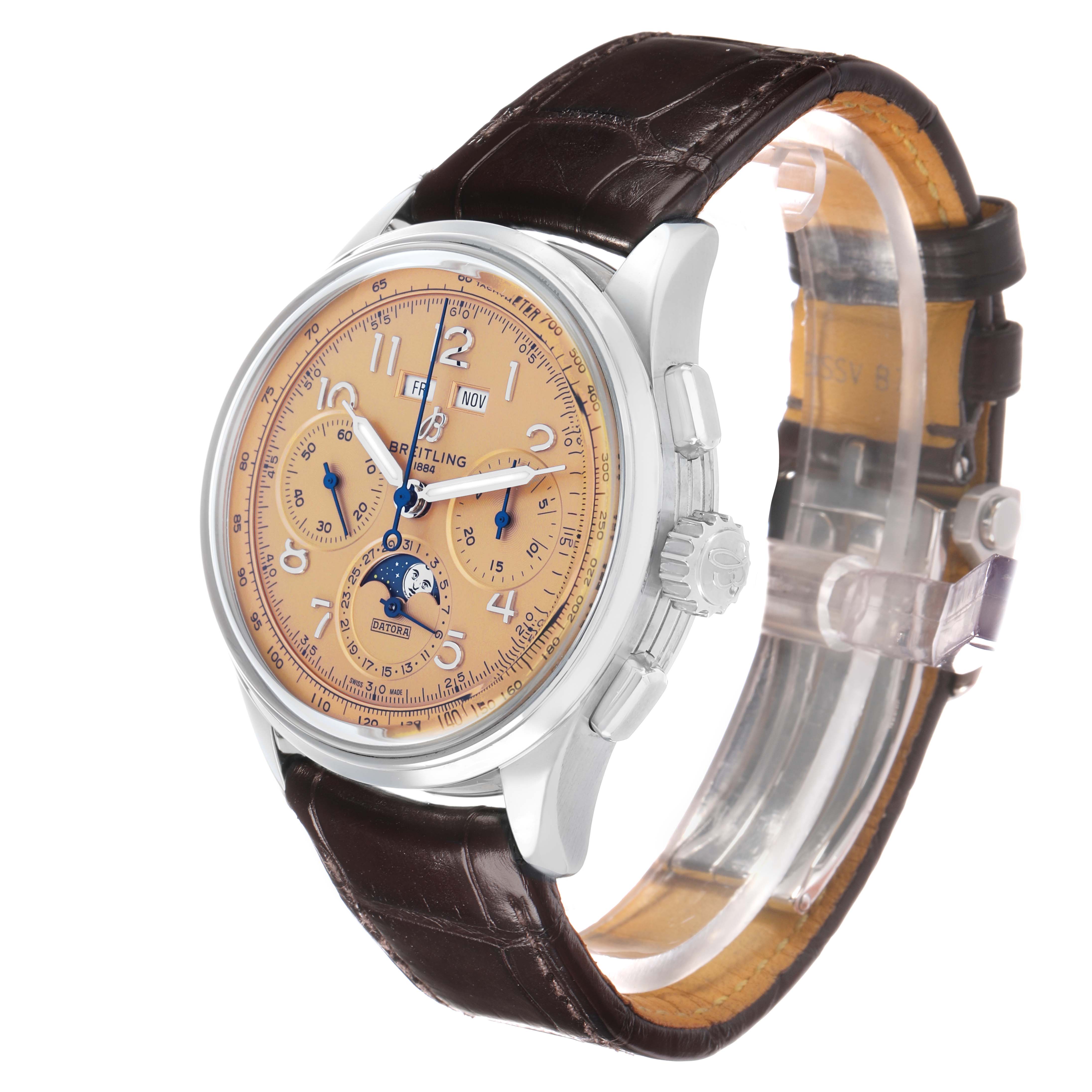 The Breitling Premier AB2510 Men's Stainless Steel Pink Dial watch is shown at an angle highlighting its face, bezel, crown, and a leather strap.