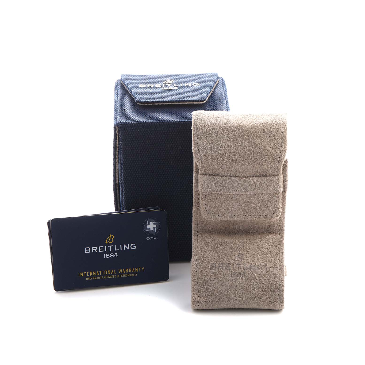 The image shows a Breitling Premier AB2510 Men's Stainless Steel Pink Dial watch box, a suede pouch, and an international warranty card.