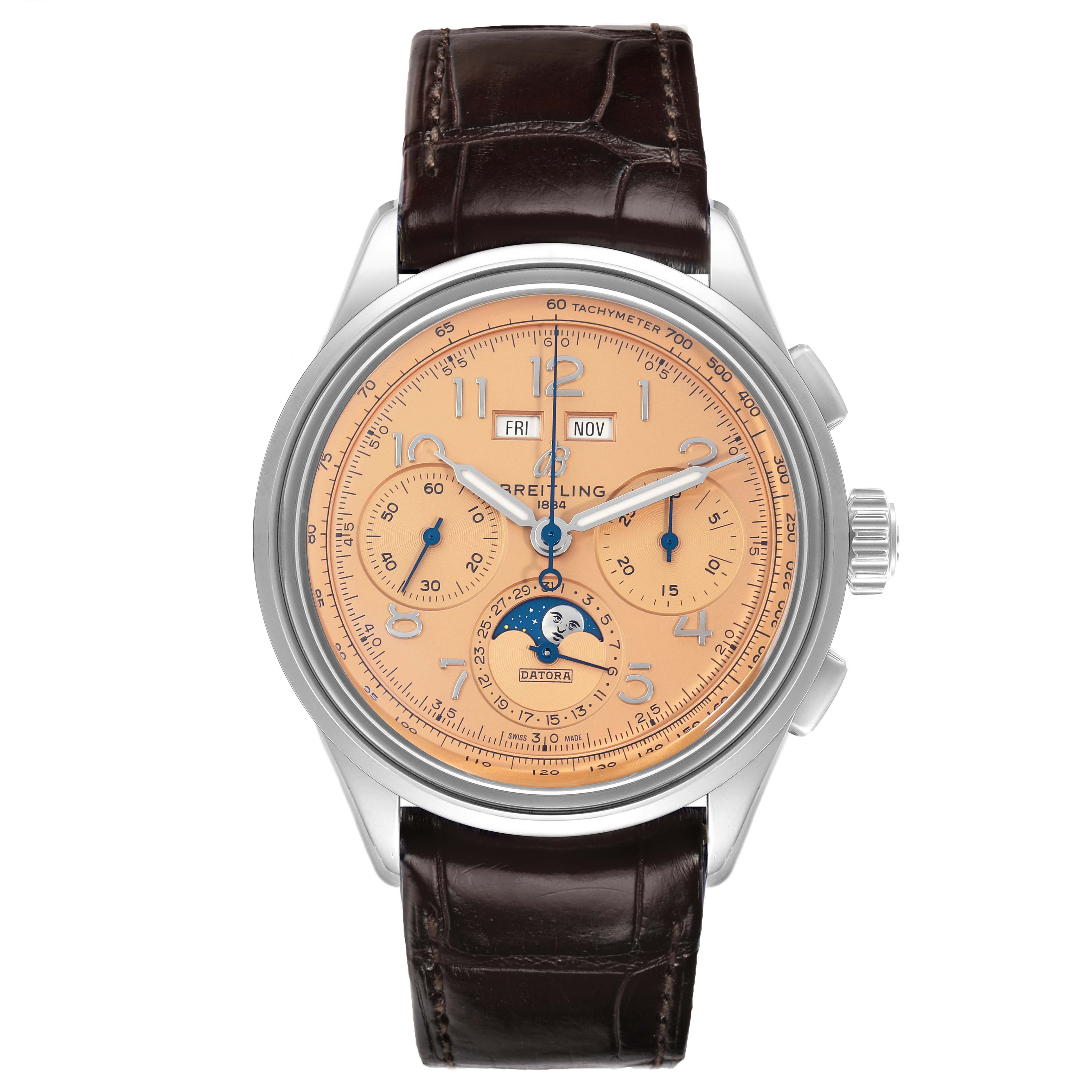 The Breitling Premier AB2510 Men's Stainless Steel Pink Dial model watch is shown from the front, highlighting the dial, sub-dials, moon phase, and leather strap.