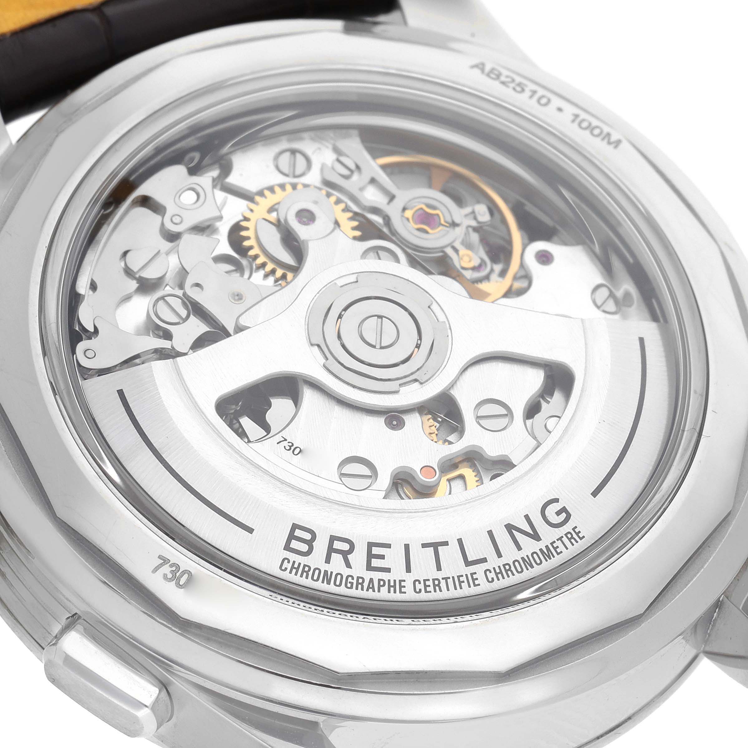 The image shows the case back of a Breitling Premier AB2510 Men's Stainless Steel Pink Dial watch, revealing its intricate movement and rotor.