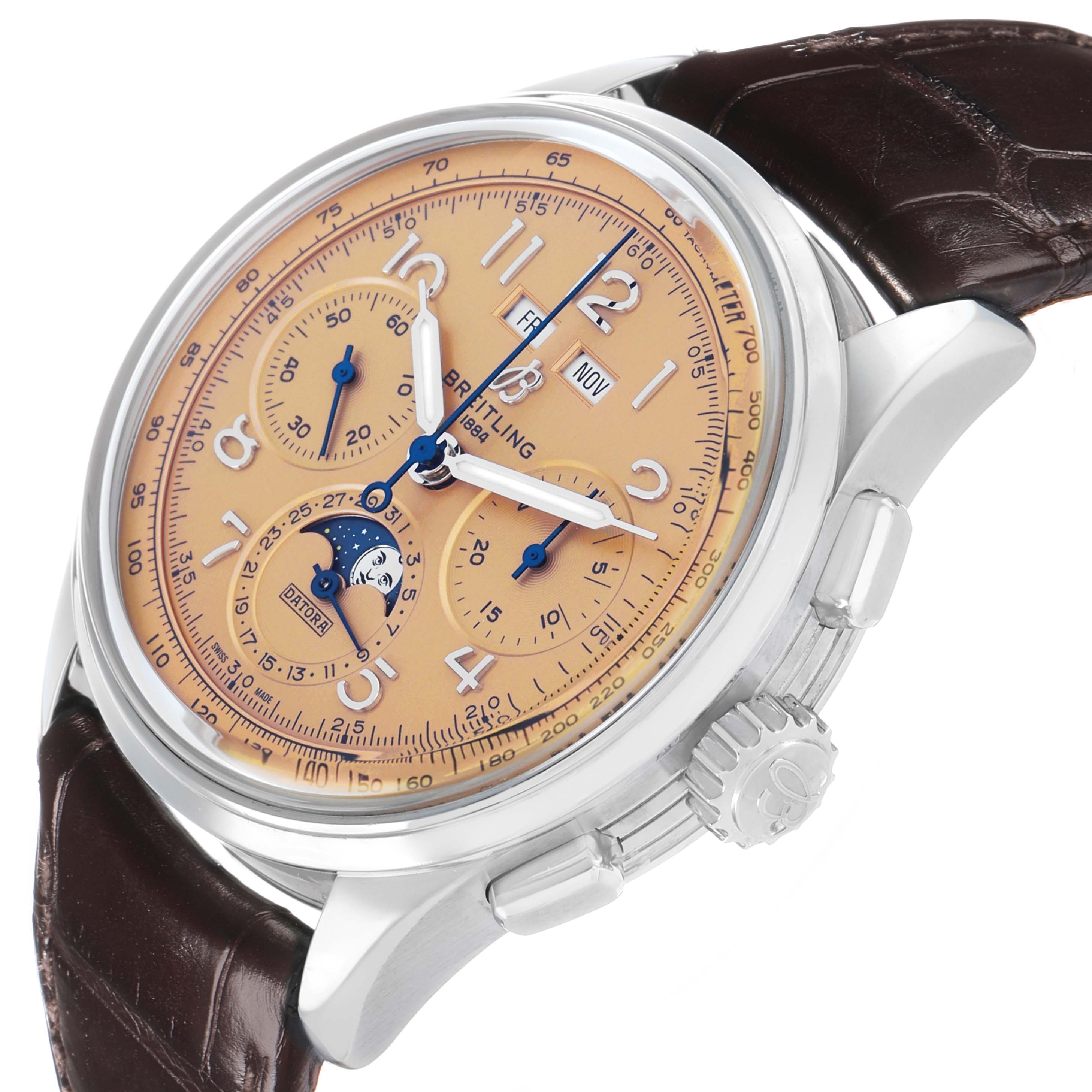 The Breitling Premier AB2510 Men's Stainless Steel Pink Dial watch is shown at an oblique angle, highlighting the dial, crown, and chronograph pushers.