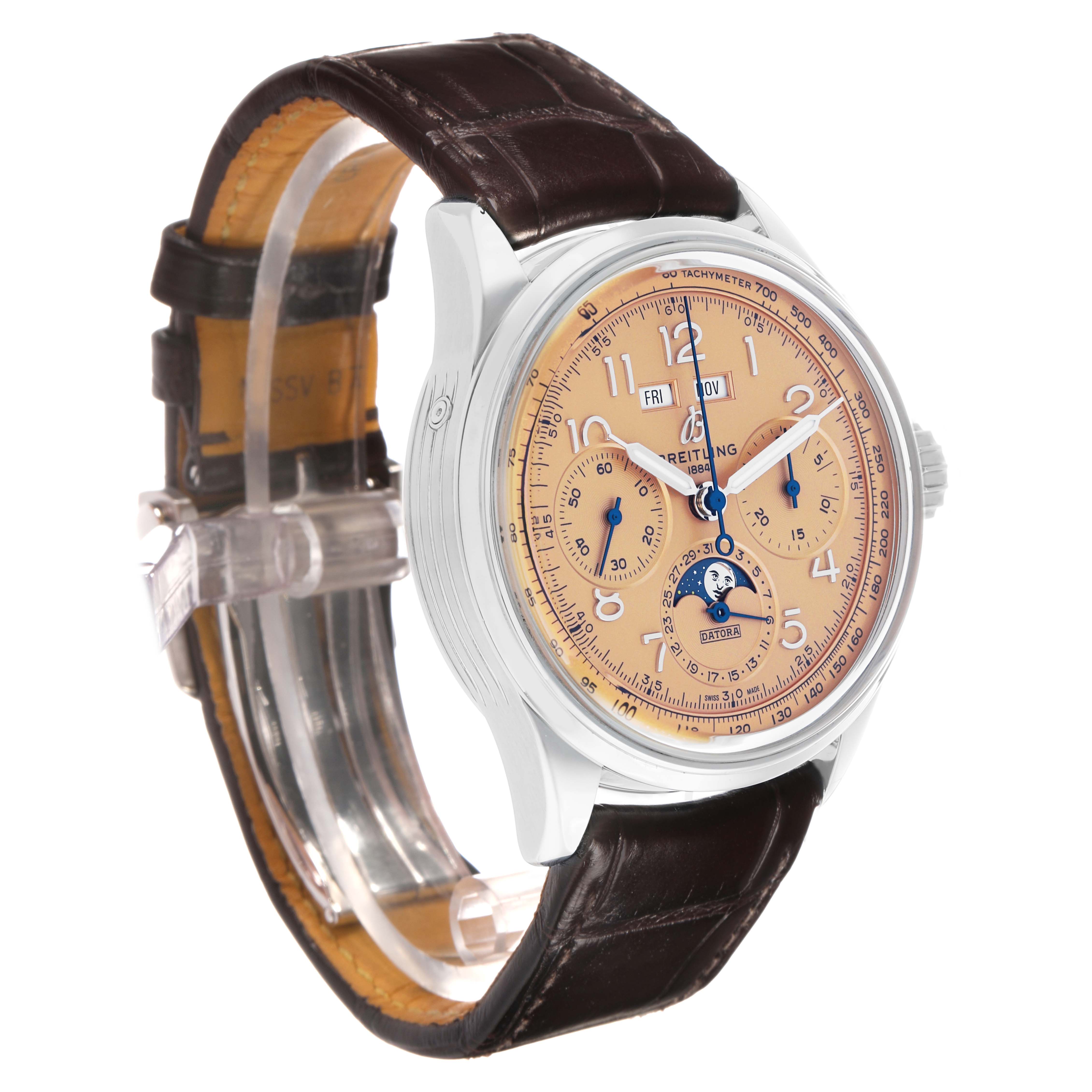 The Breitling Premier AB2510 Men's Stainless Steel Pink Dial watch is shown at an angled side view, displaying the dial, crown, and leather strap.