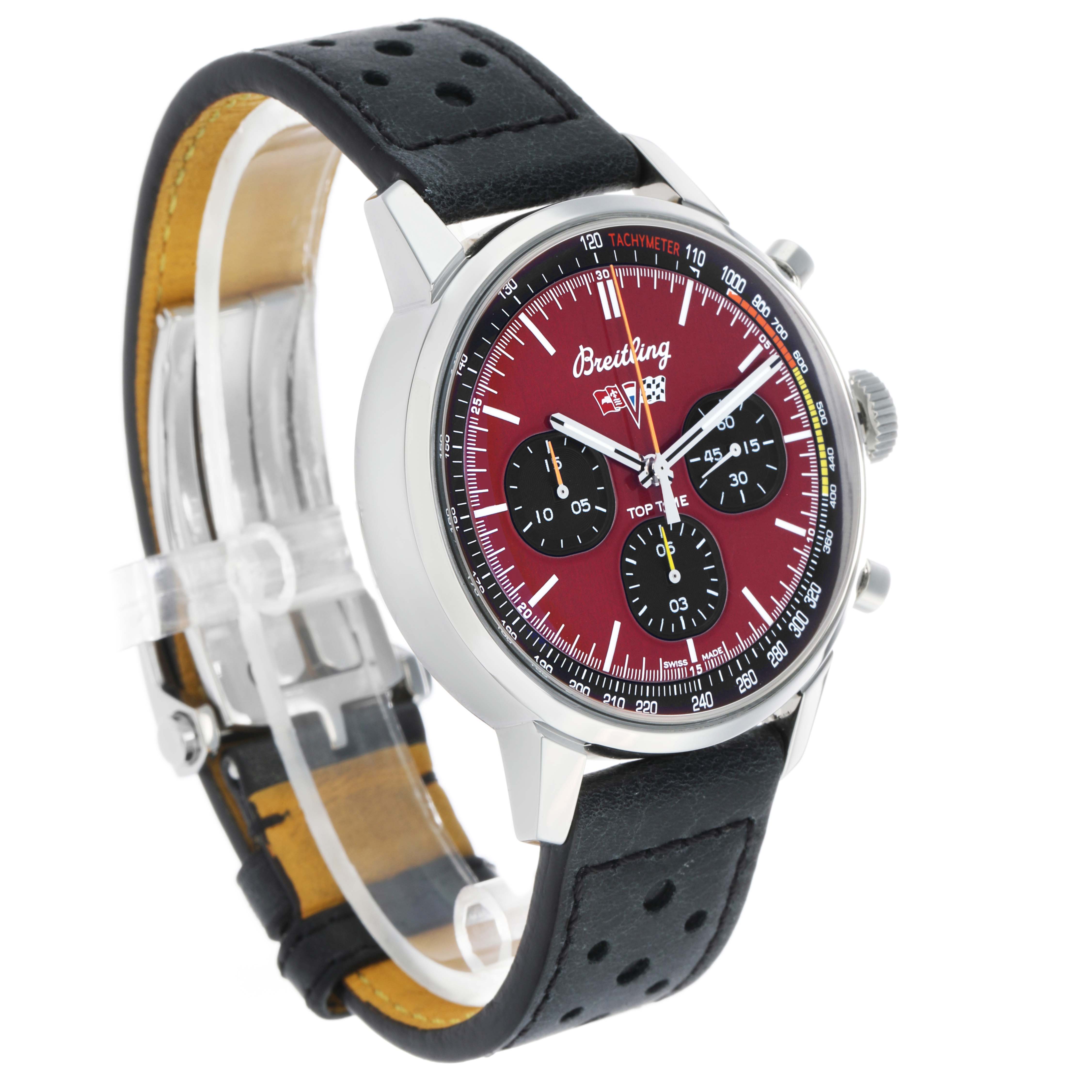 The Breitling Premier A25310 Men's Stainless Steel Red Dial watch is shown at a three-quarter angle, highlighting the burgundy dial, subdials, bezel, and black leather strap.