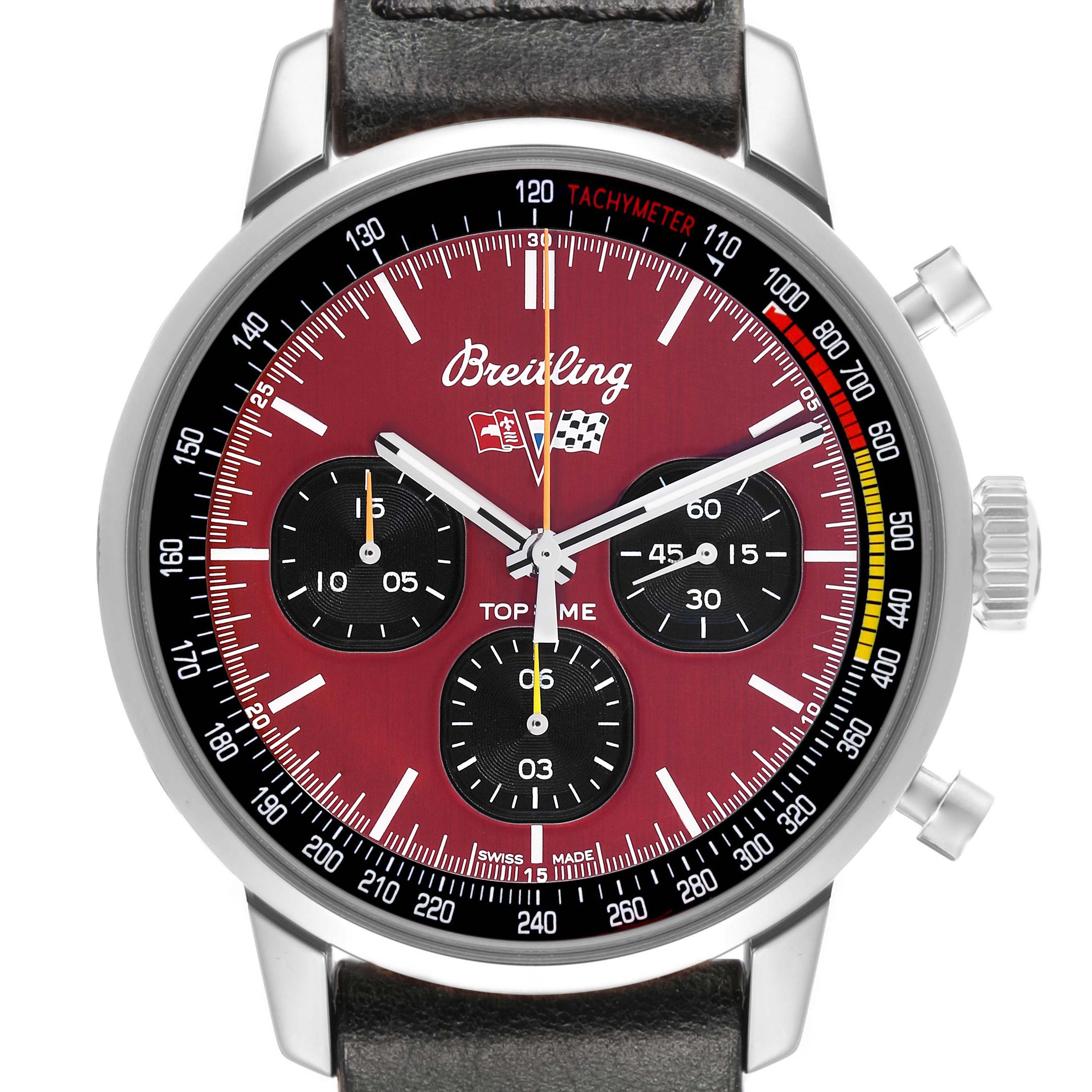 The Breitling Premier A25310 Men's Stainless Steel Red Dial watch is shown from a front angle, displaying the dial, subdials, crown, and pushers.