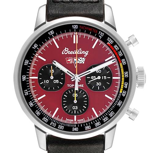 The Breitling Premier A25310 Men's Stainless Steel Red Dial watch is shown from the front, highlighting its red dial, subdials, tachymeter scale, and chronograph pushers.