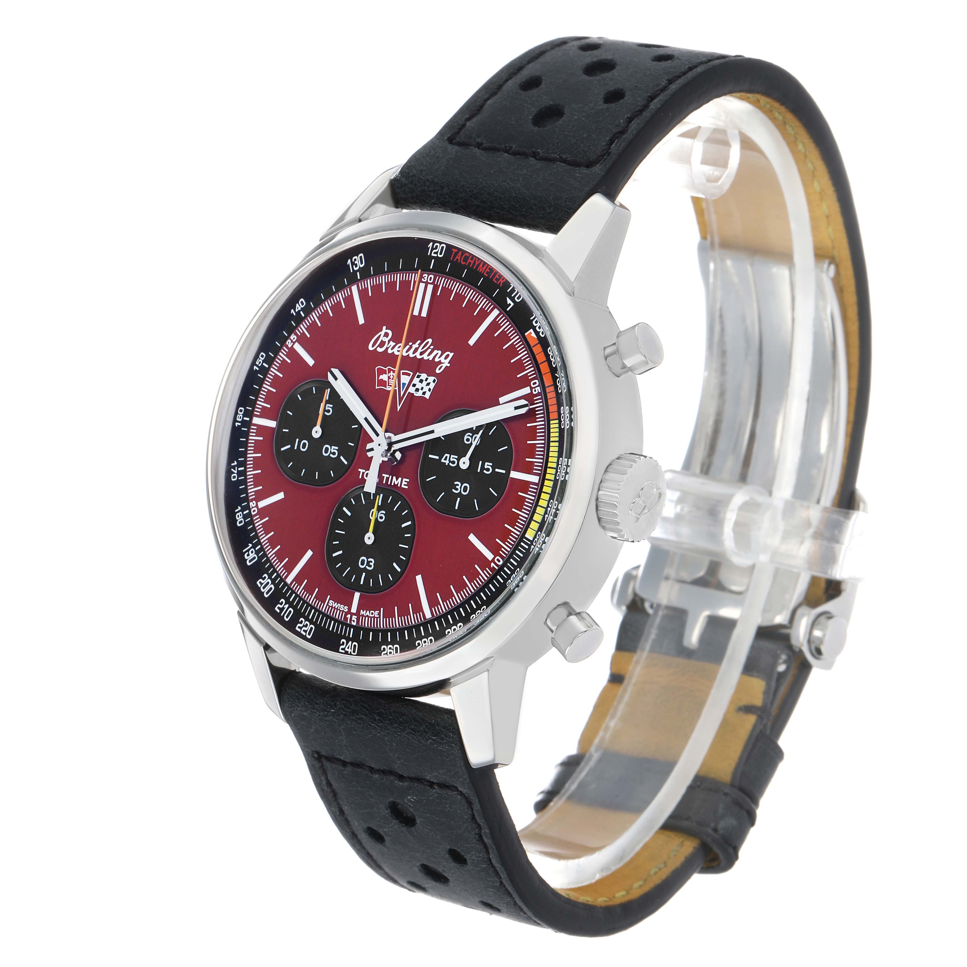 The Breitling Premier A25310 Men's Stainless Steel Red Dial watch is shown at a three-quarter angle, highlighting its face, crown, pushers, and perforated leather strap.